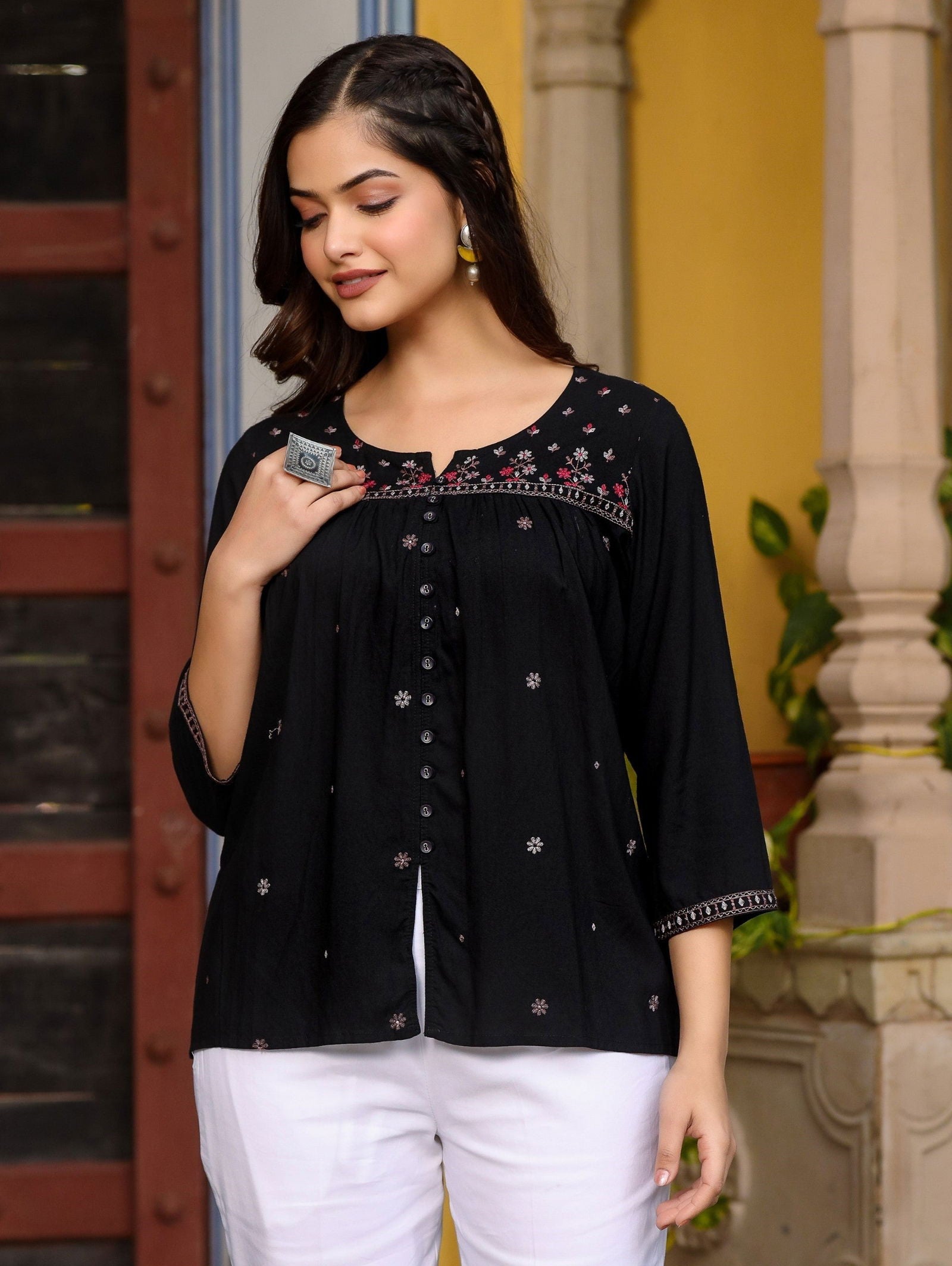 Juniper Black Rayon Gathered Embroidered Tunic With Buttons
