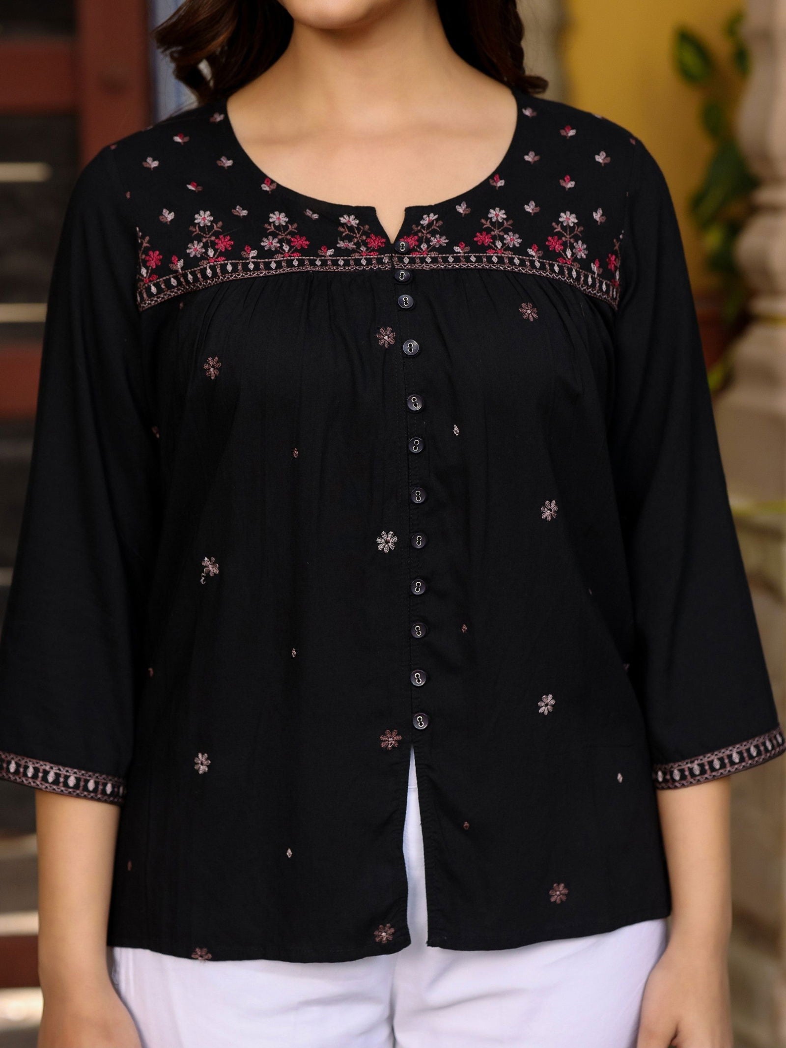 Juniper Black Rayon Gathered Embroidered Tunic With Buttons