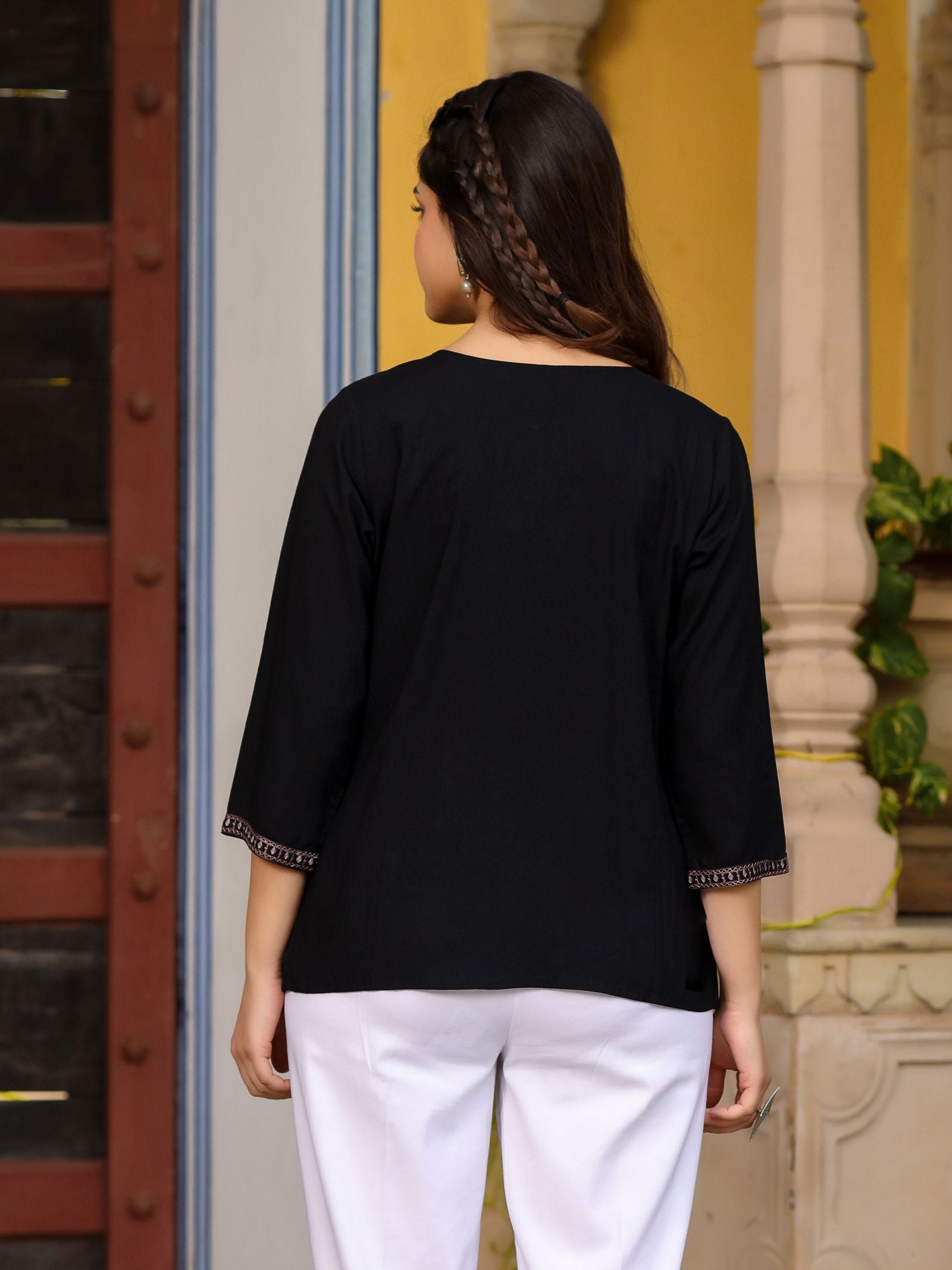 Juniper Black Rayon Gathered Embroidered Tunic With Buttons