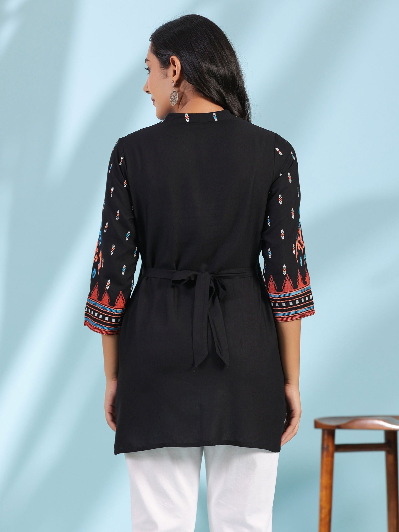 Juniper Black Rayon Ikat Placement Printed High-Low Tunic With Side Slits & Tassels