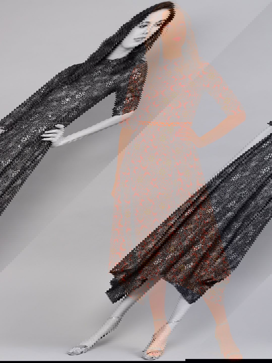 Juniper Black Rayon Printed Asymmetric Dress With Belt