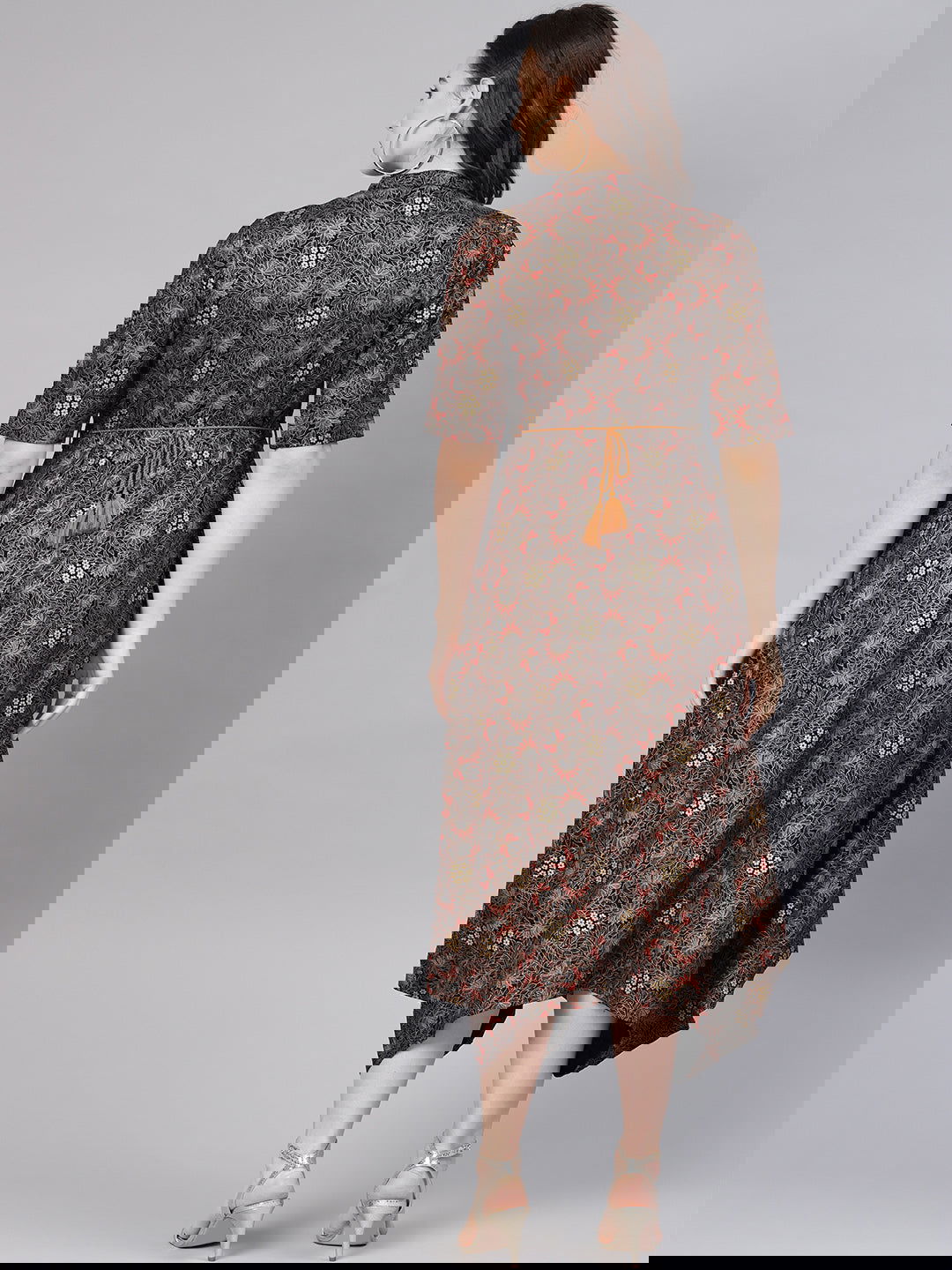 Juniper Black Rayon Printed Asymmetric Dress With Belt