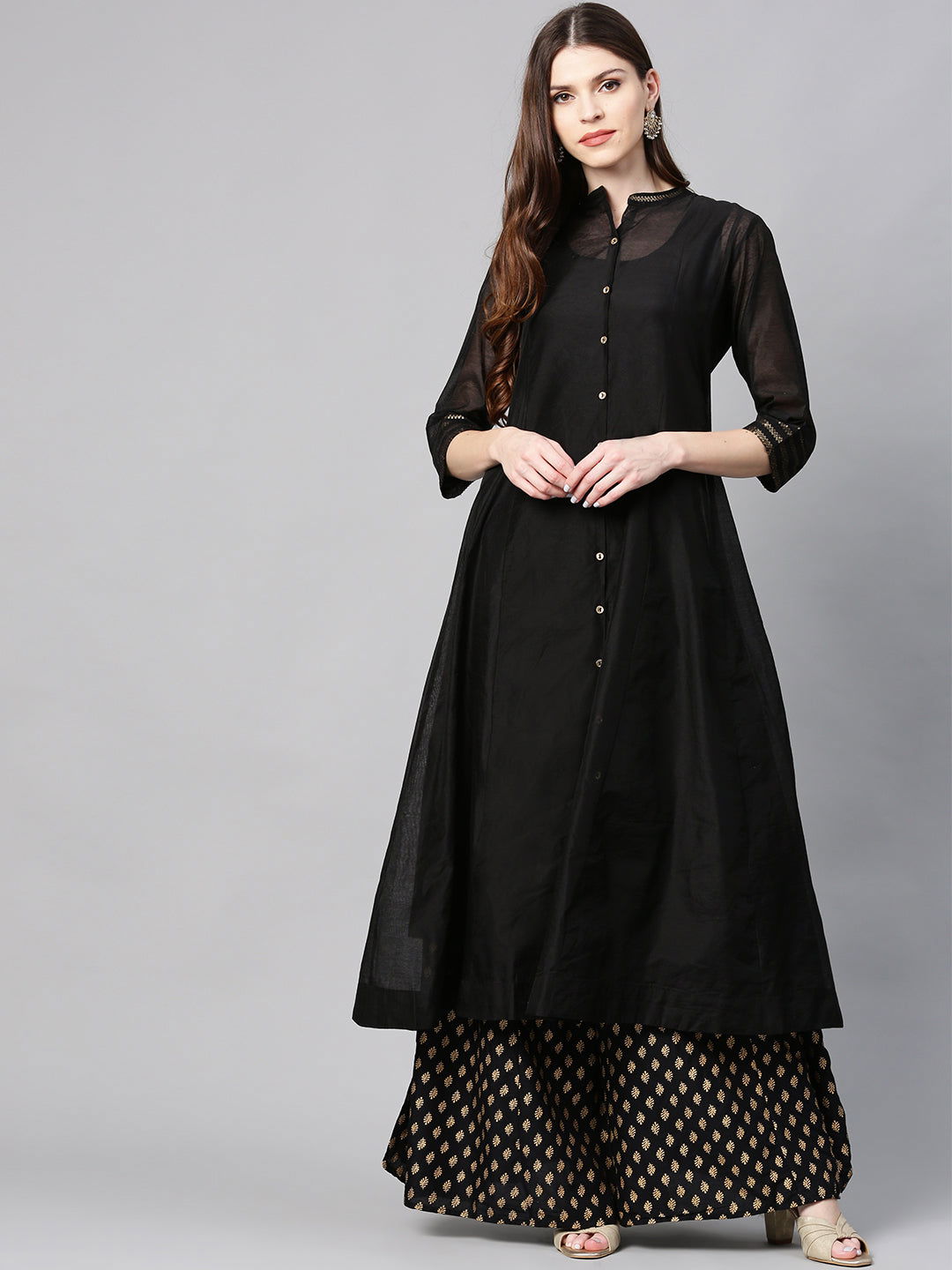 Juniper Black Solid Chanderi Kalidar A-line Women Kurta With Buttons