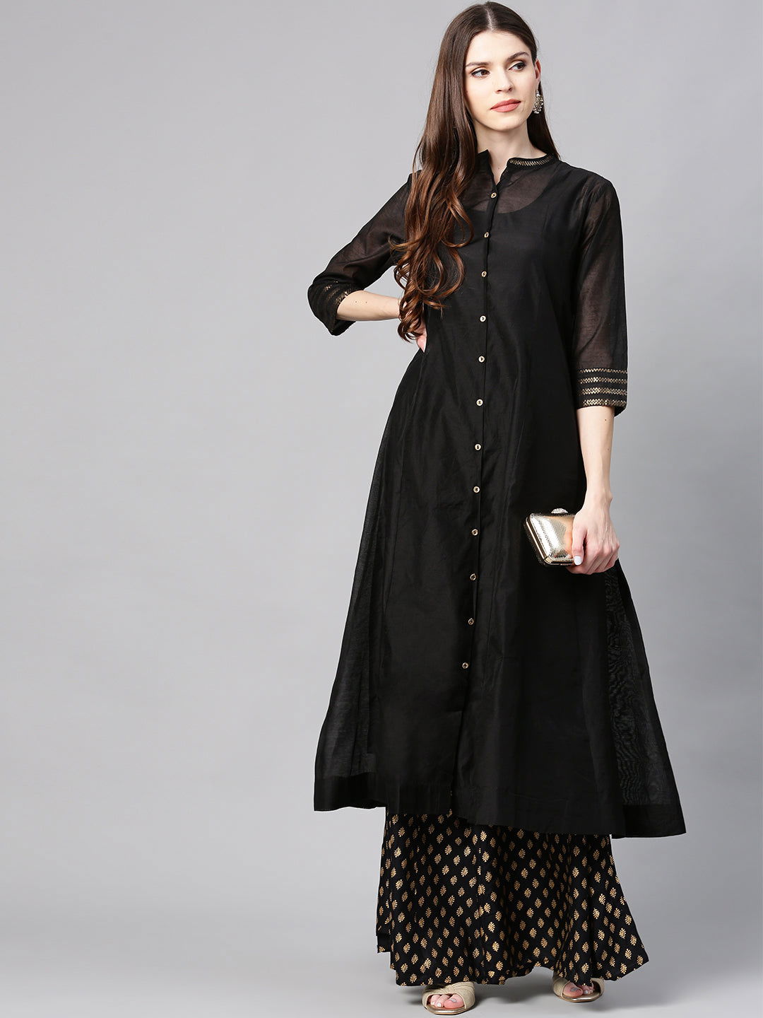 Juniper Black Solid Chanderi Kalidar A-line Women Kurta With Buttons