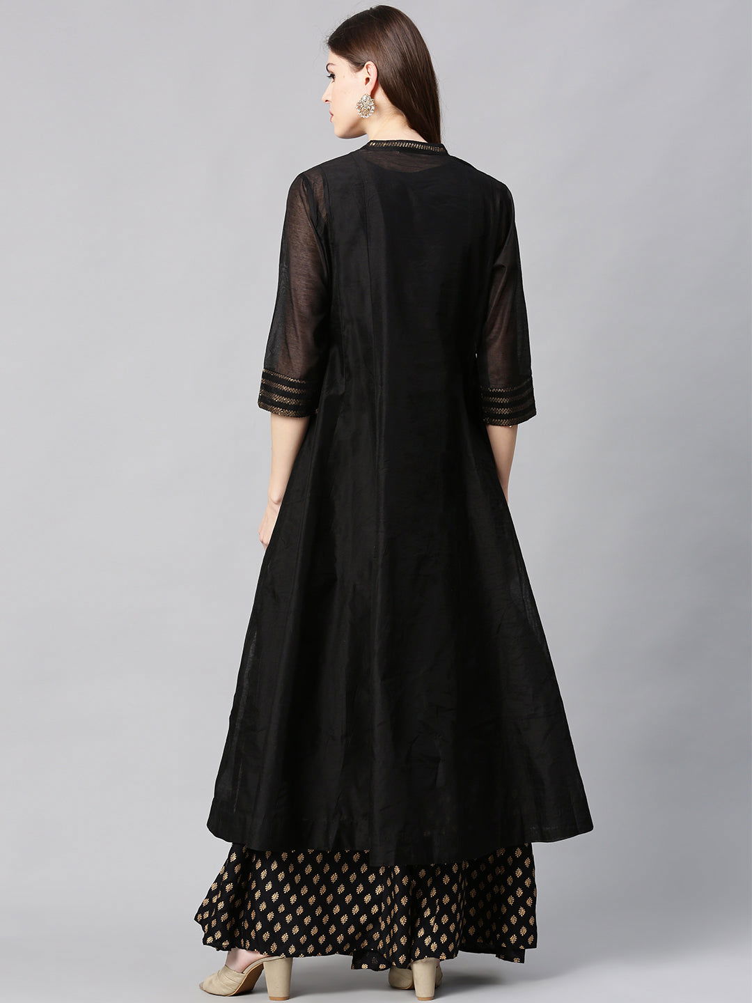 Juniper Black Solid Chanderi Kalidar A-line Women Kurta With Buttons