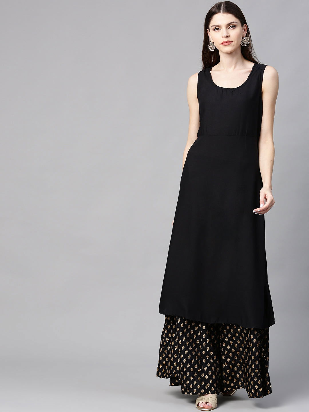 Juniper Black Solid Chanderi Kalidar A-line Women Kurta With Buttons