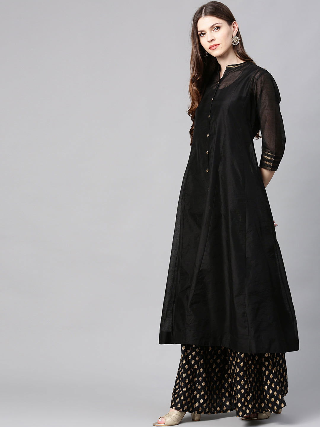 Juniper Black Solid Chanderi Kalidar A-line Women Kurta With Buttons
