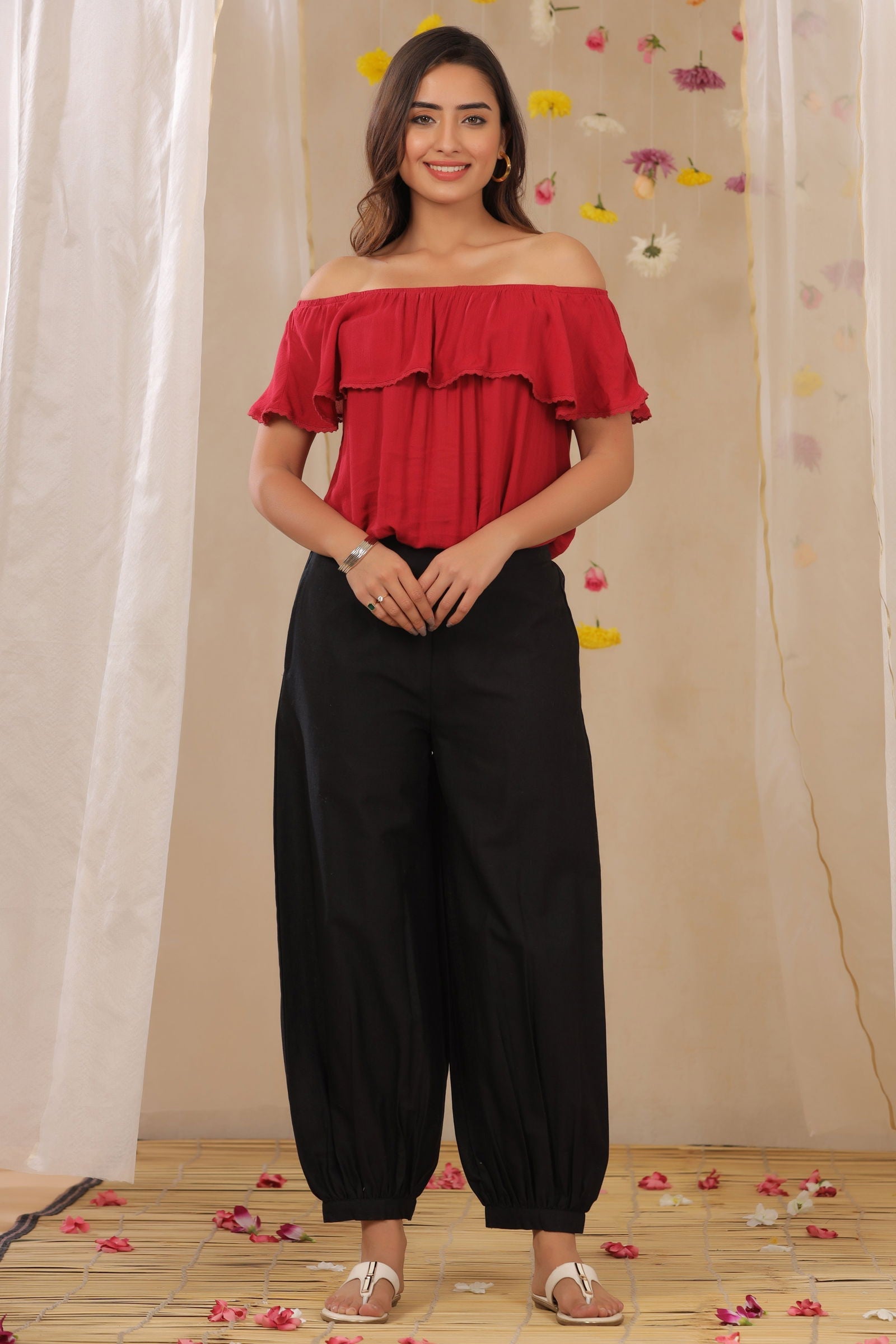 Juniper Black Solid Cotton Flex Ankle-Length Pathani Style Pants.