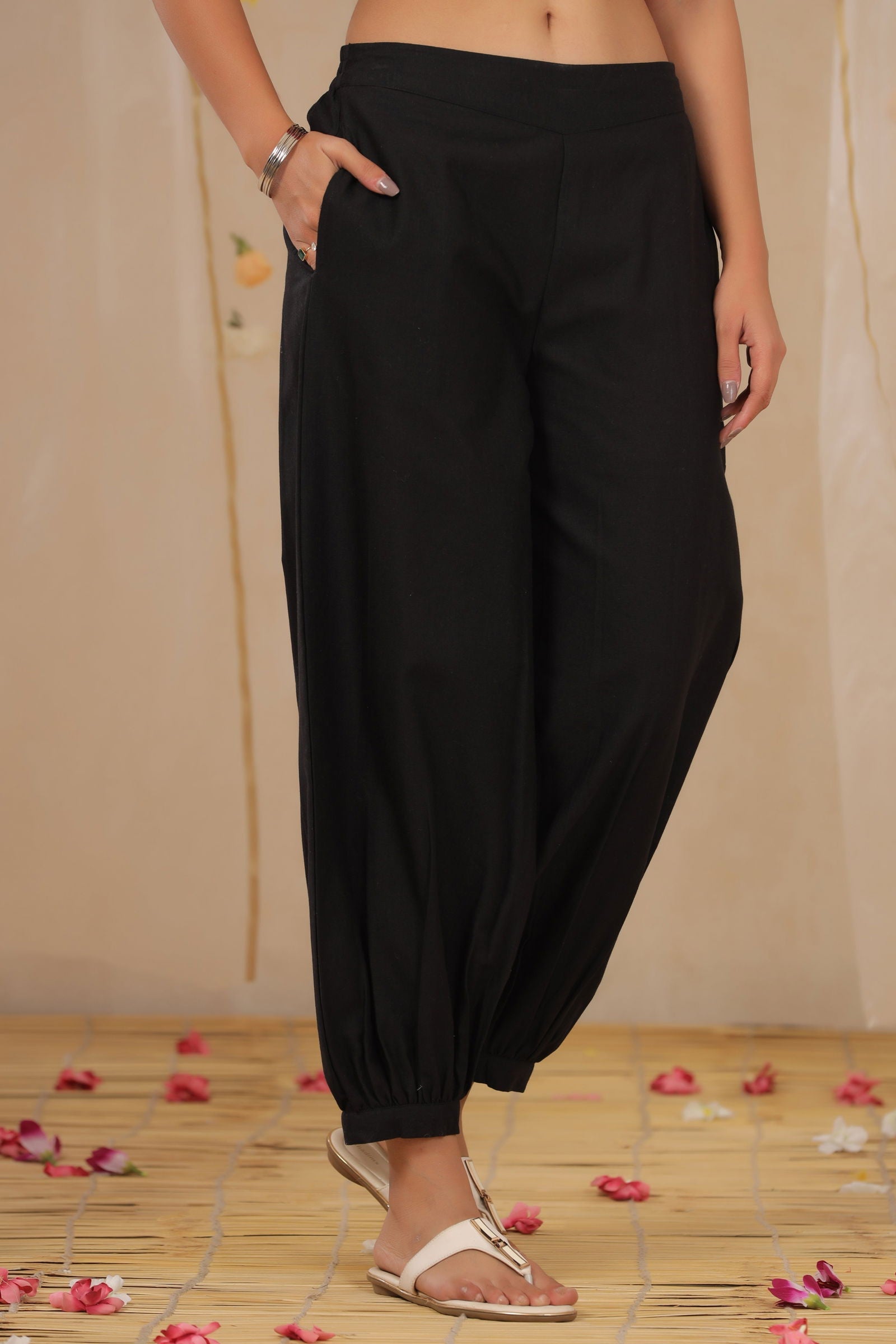 Juniper Black Solid Cotton Flex Ankle-Length Pathani Style Pants.