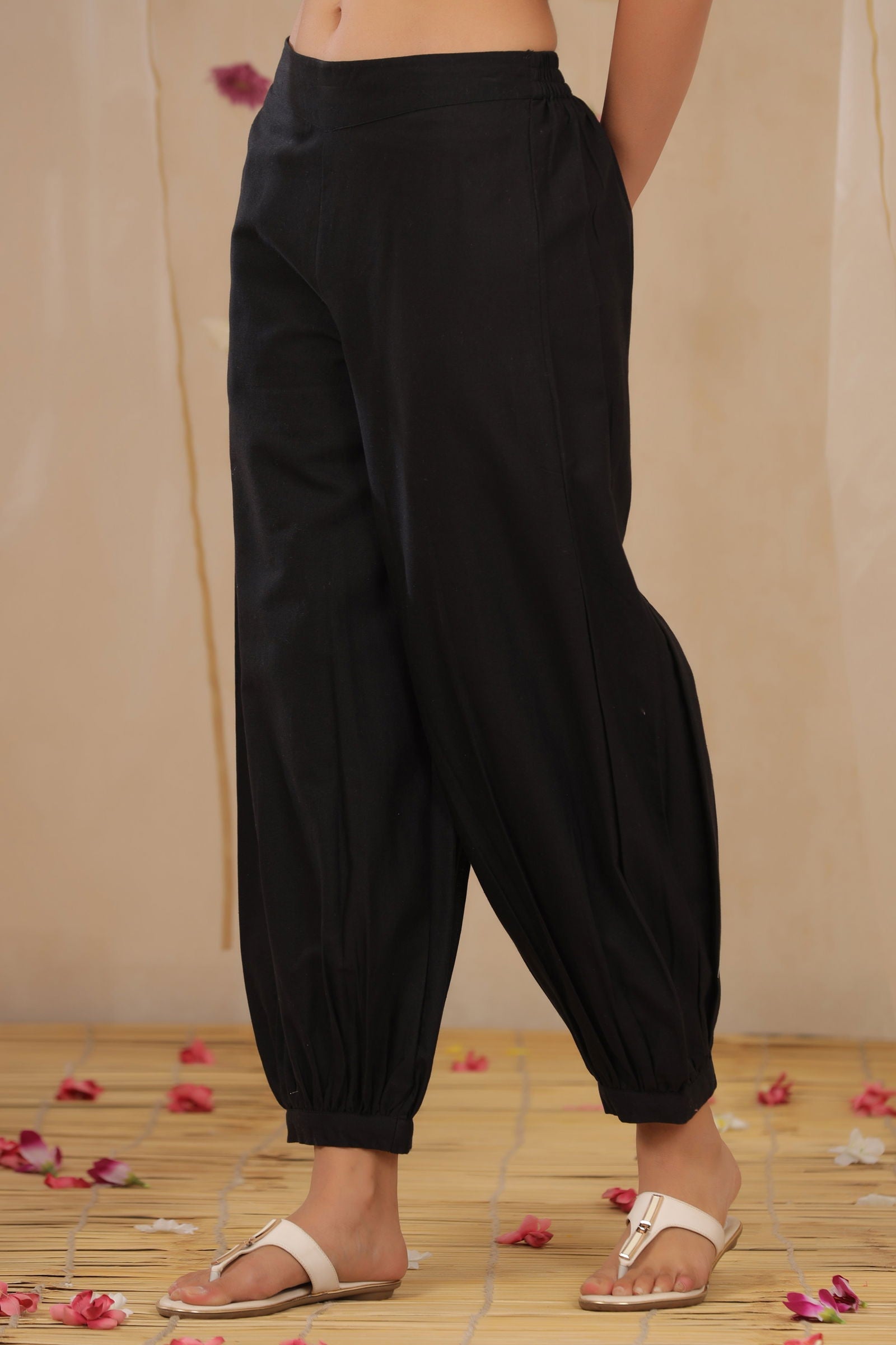 Juniper Black Solid Cotton Flex Ankle-Length Pathani Style Pants.
