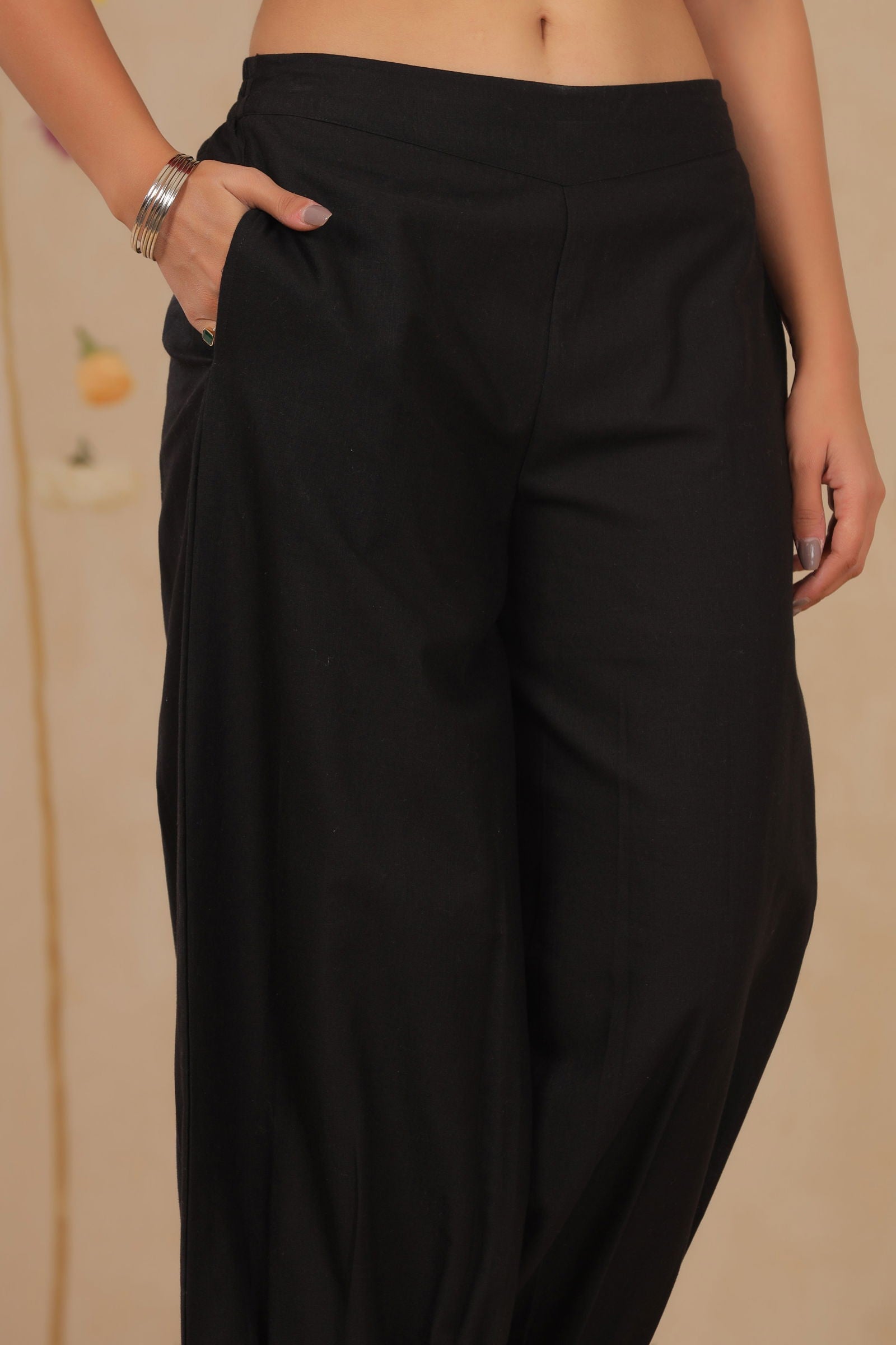 Juniper Black Solid Cotton Flex Ankle-Length Pathani Style Pants.