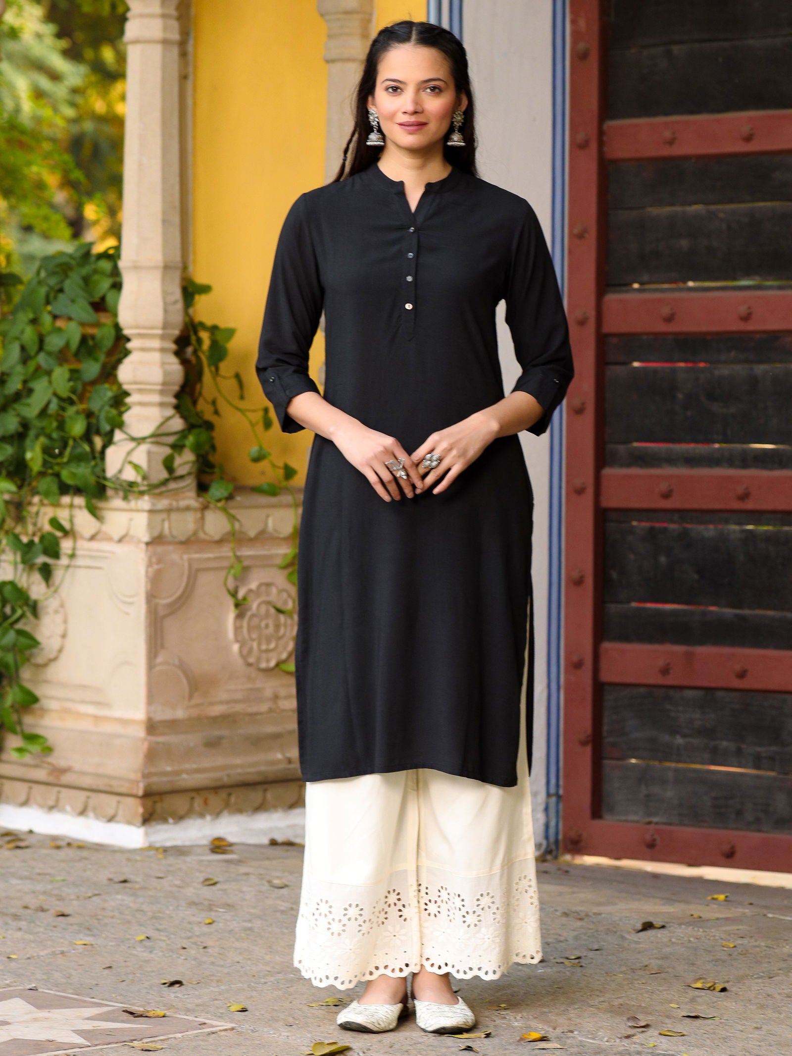 Juniper Black Solid Modal Rayon Straight Kurta With Half Placket At Front
