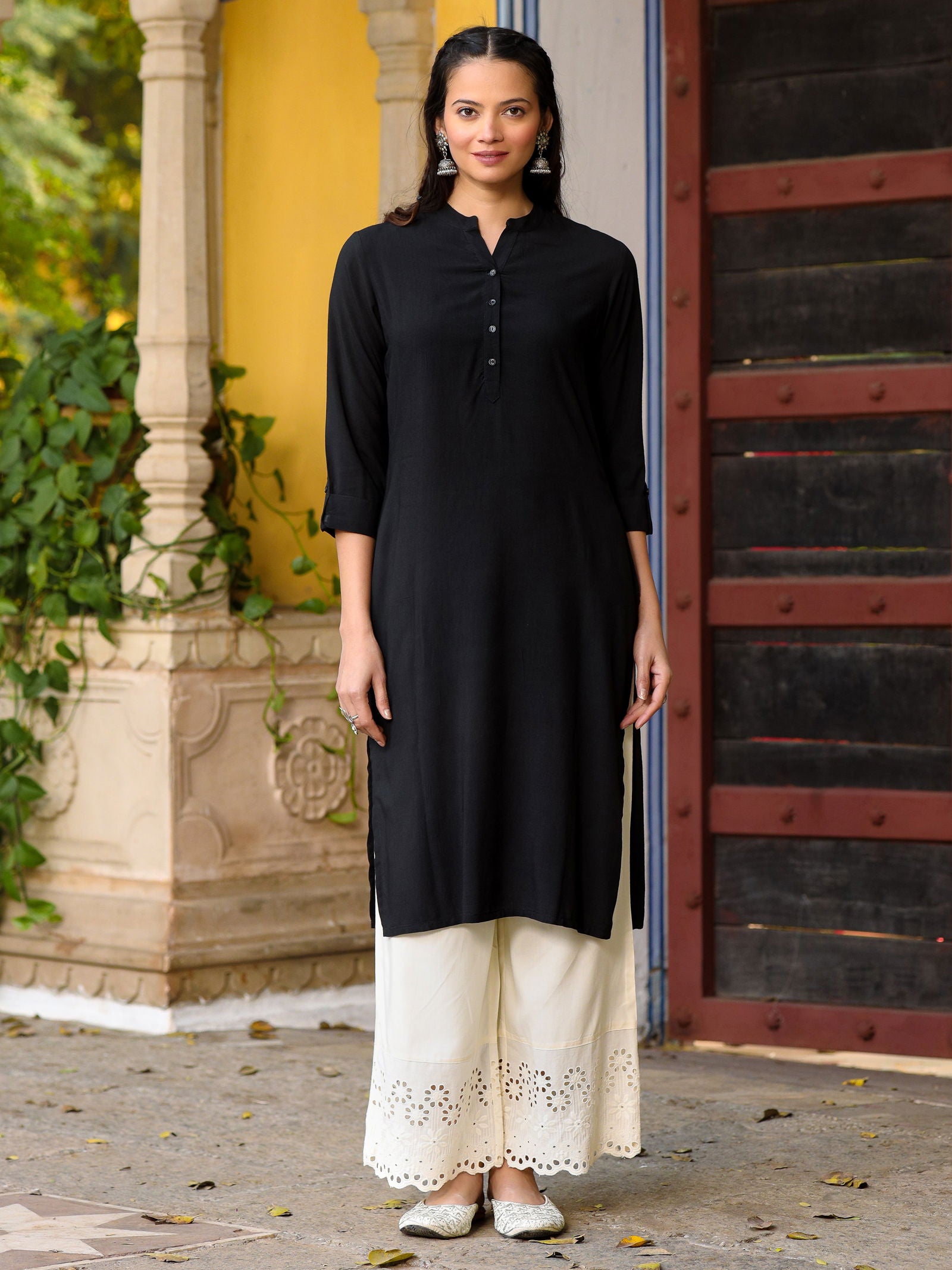 Juniper Black Solid Modal Rayon Straight Kurta With Half Placket At Front