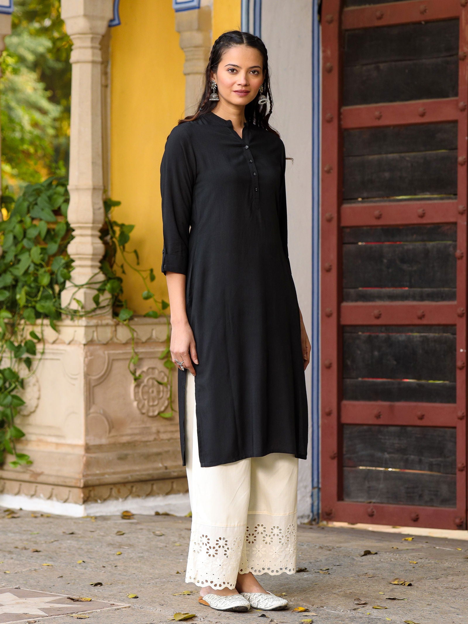 Juniper Black Solid Modal Rayon Straight Kurta With Half Placket At Front
