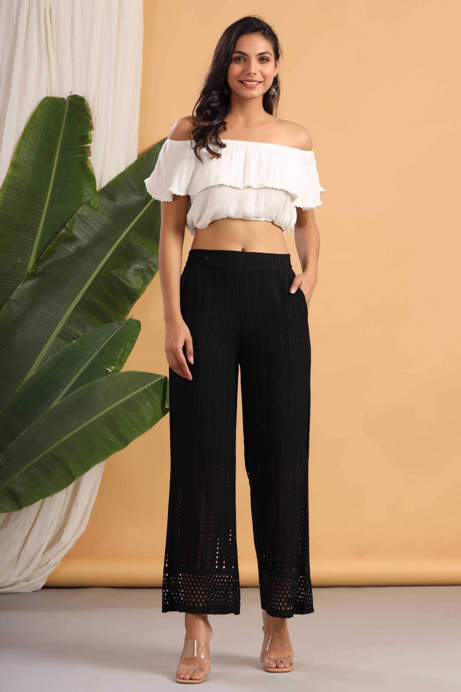Juniper Black Solid Rayon Flared Ankle-Length Palazzo.