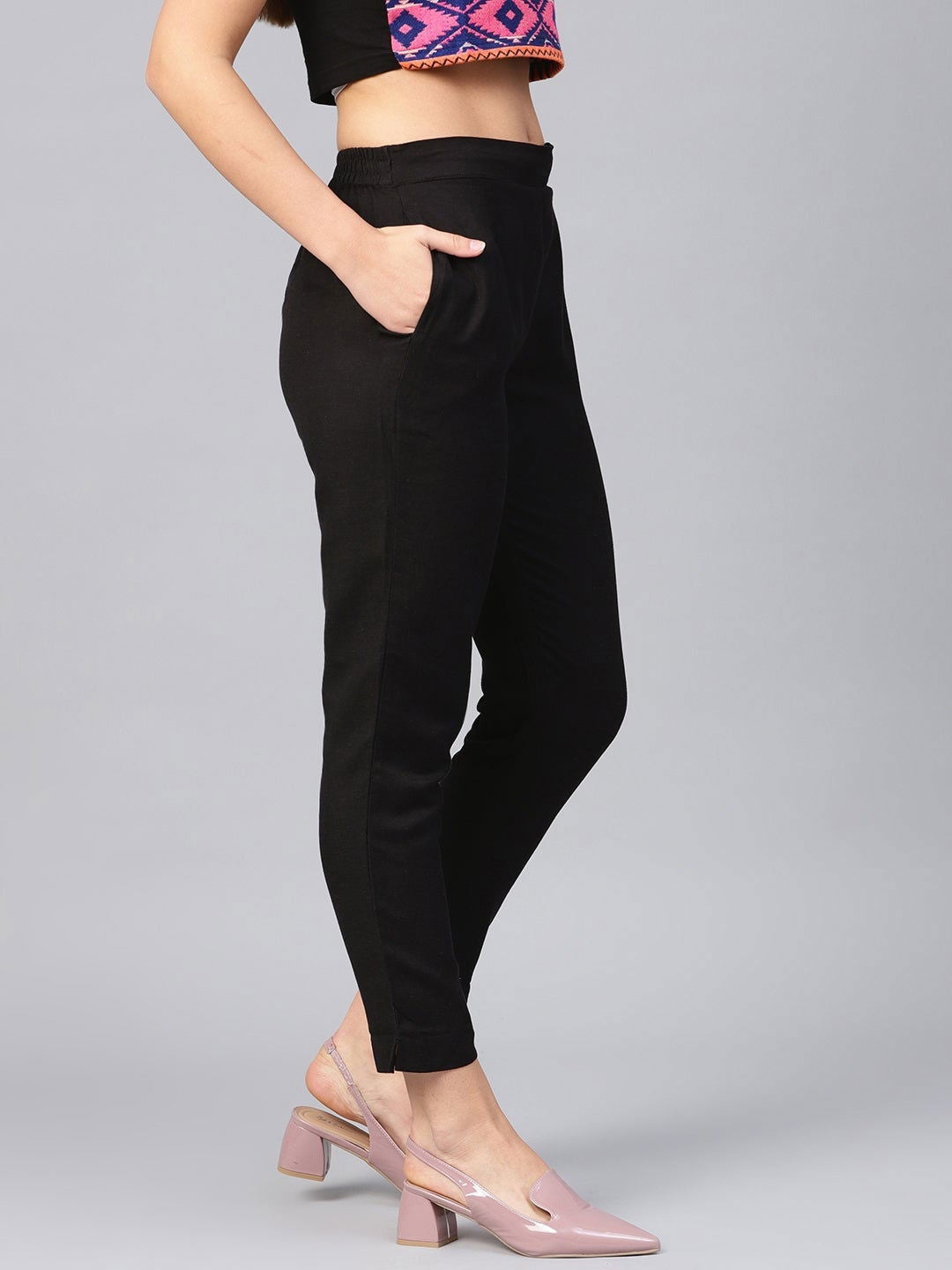 Juniper Black Solid Rayon Flex Slim Fit Women Pants With Two Pockets