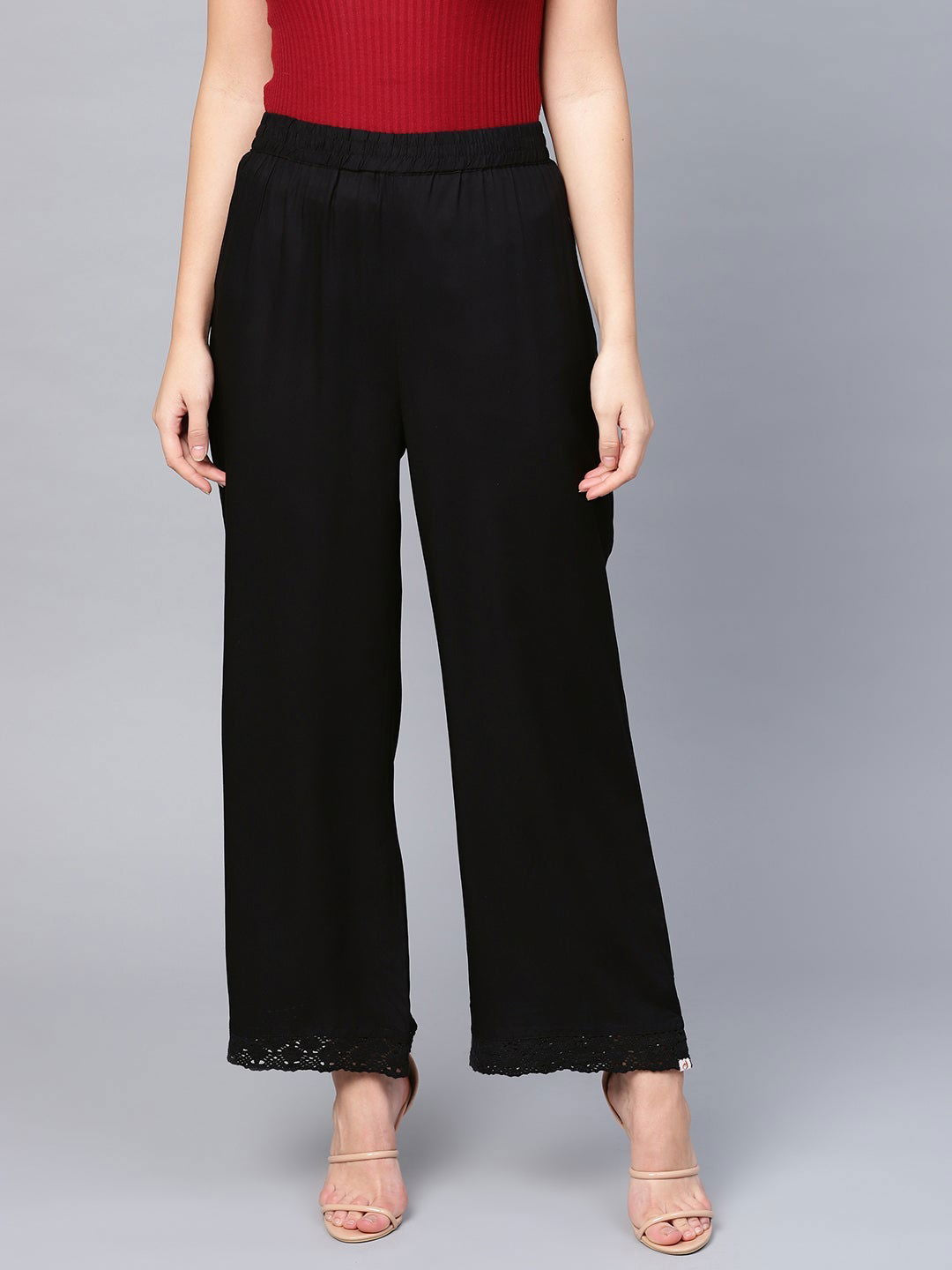 Juniper Black Solid Rayon Wide Leg Women Palazzo With One Pocket