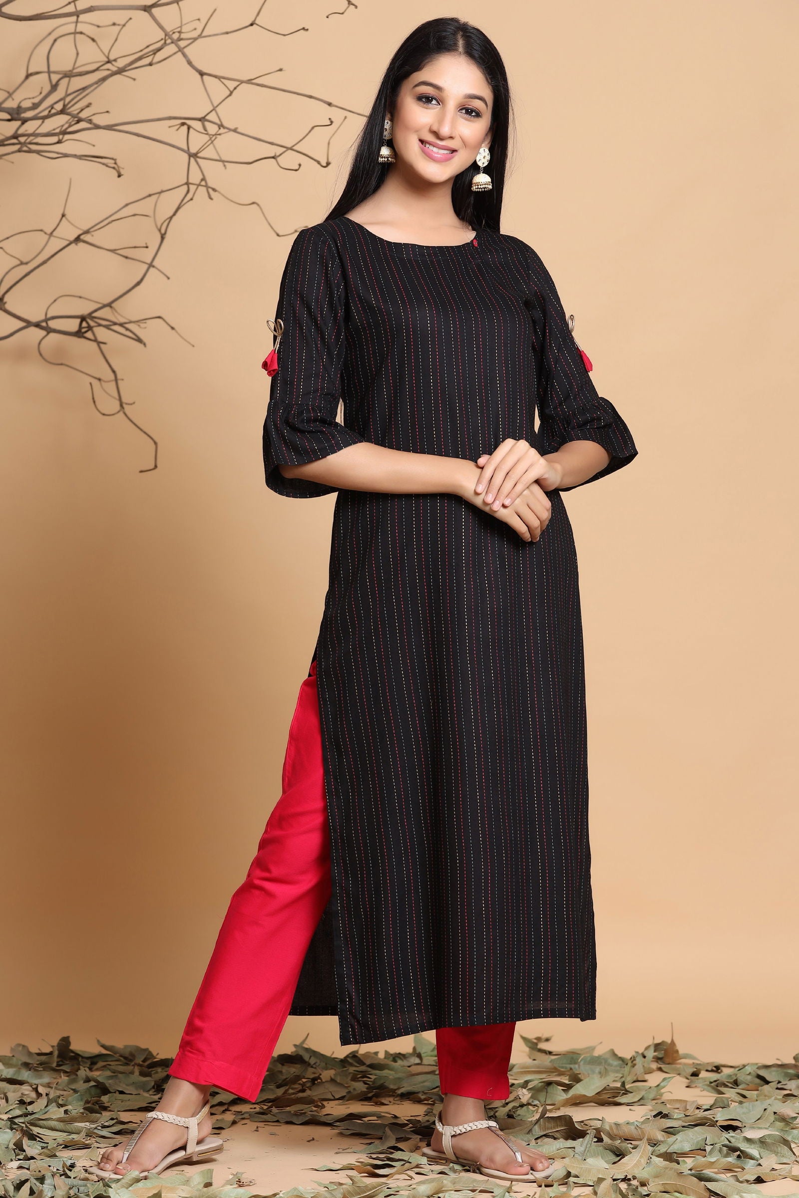 Juniper Black Stripes Printed Rayon Kurta with Tassels Detail