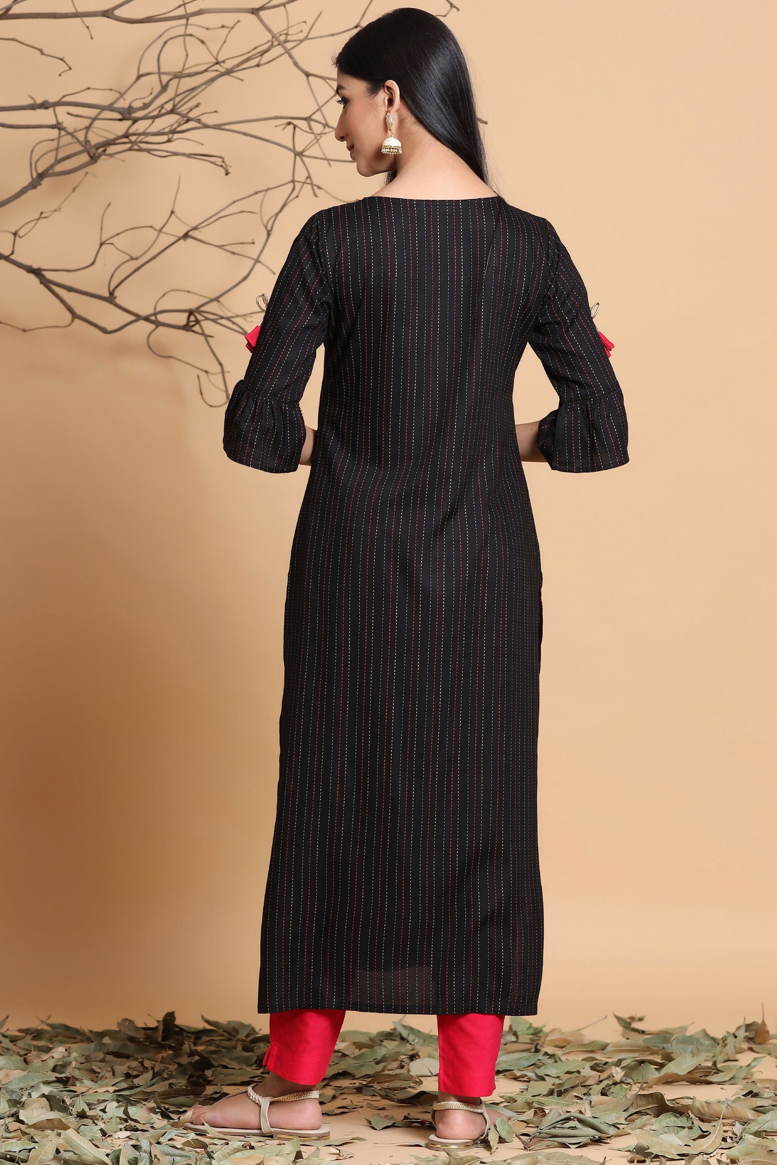 Juniper Black Stripes Printed Rayon Kurta with Tassels Detail