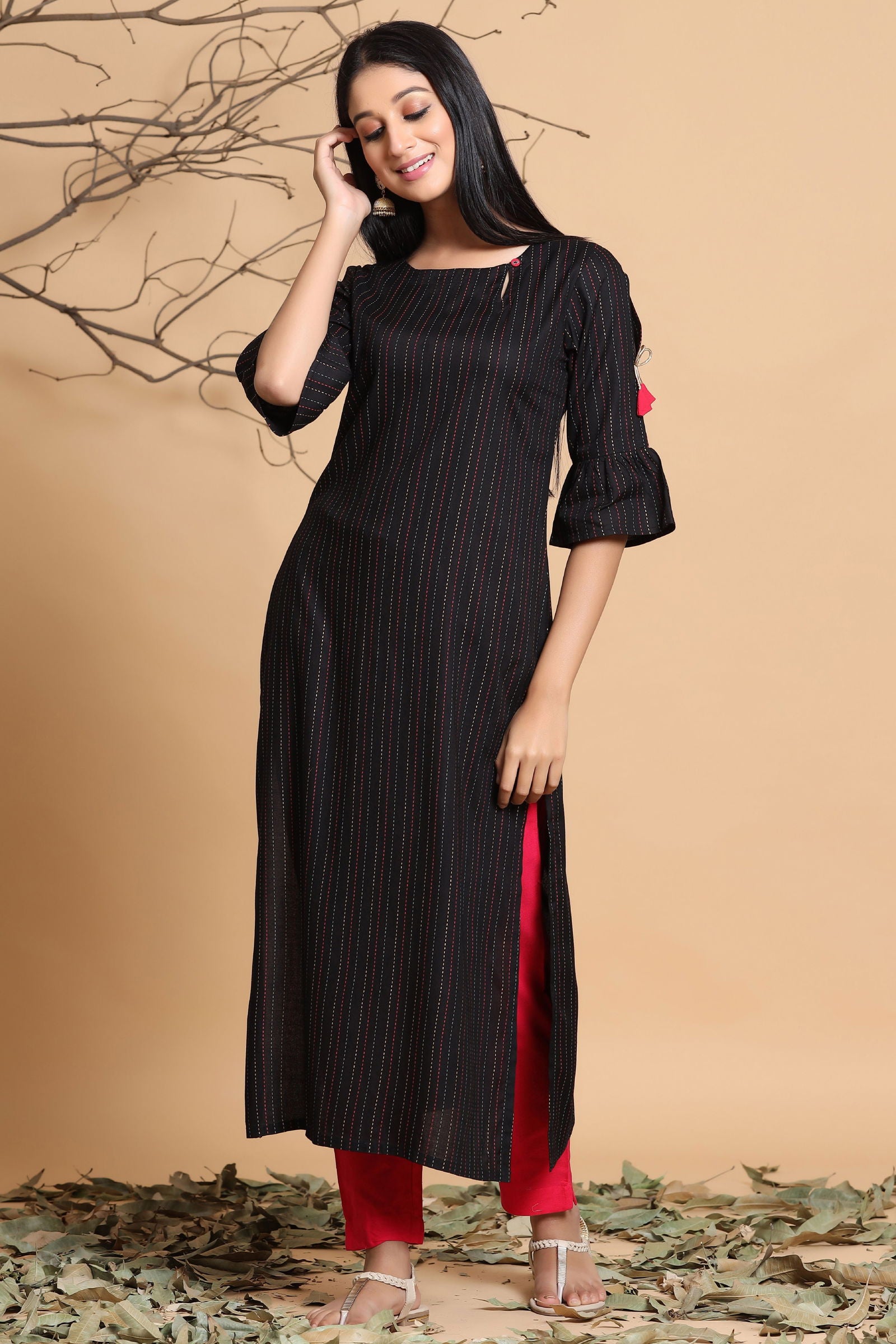 Juniper Black Stripes Printed Rayon Kurta with Tassels Detail