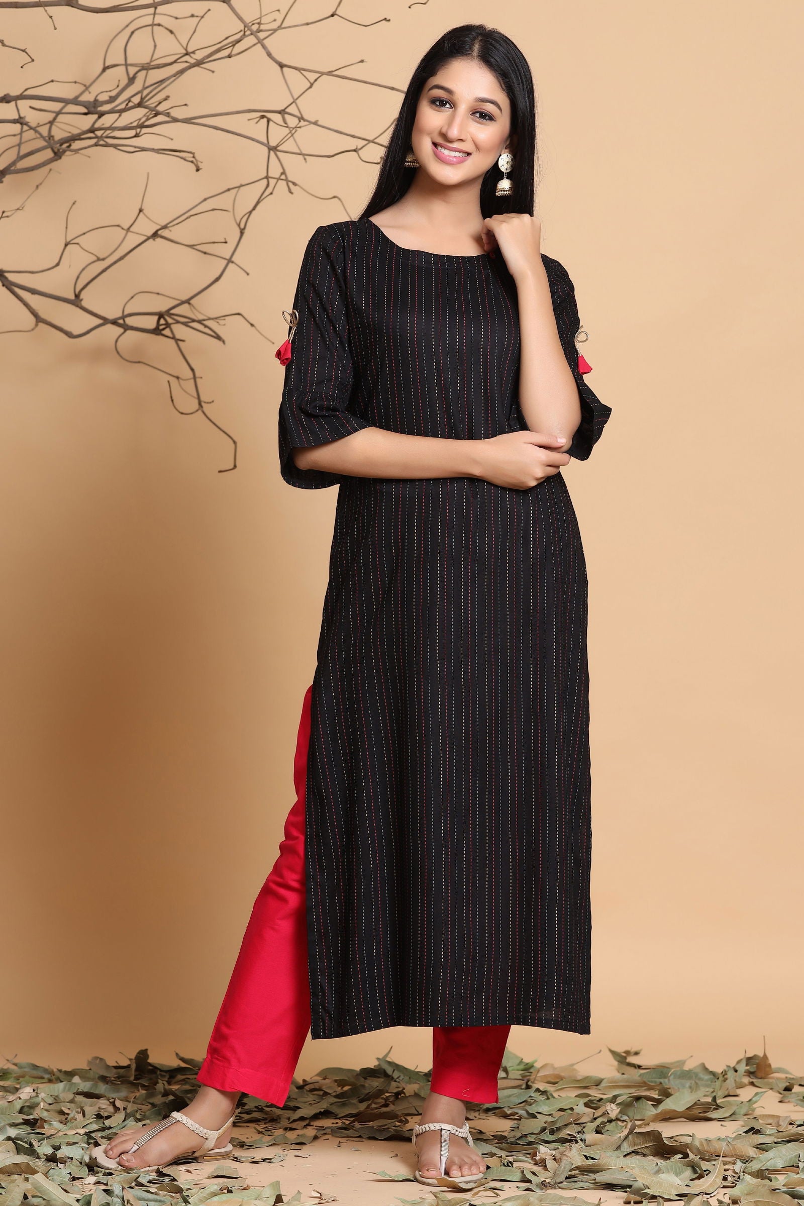Juniper Black Stripes Printed Rayon Kurta with Tassels Detail