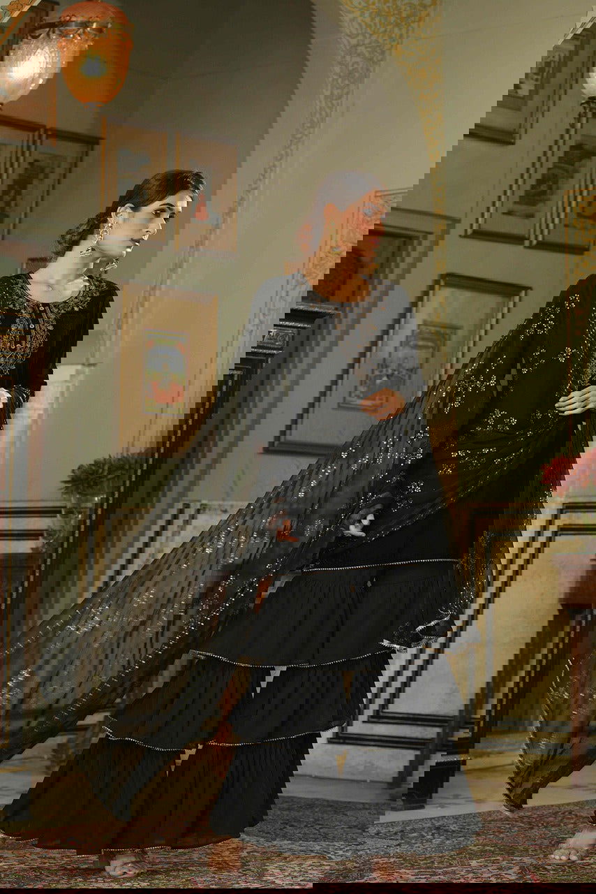 Juniper Black Velvet Festive Solid Straight Kurta Sharara Dupatta Set For Women