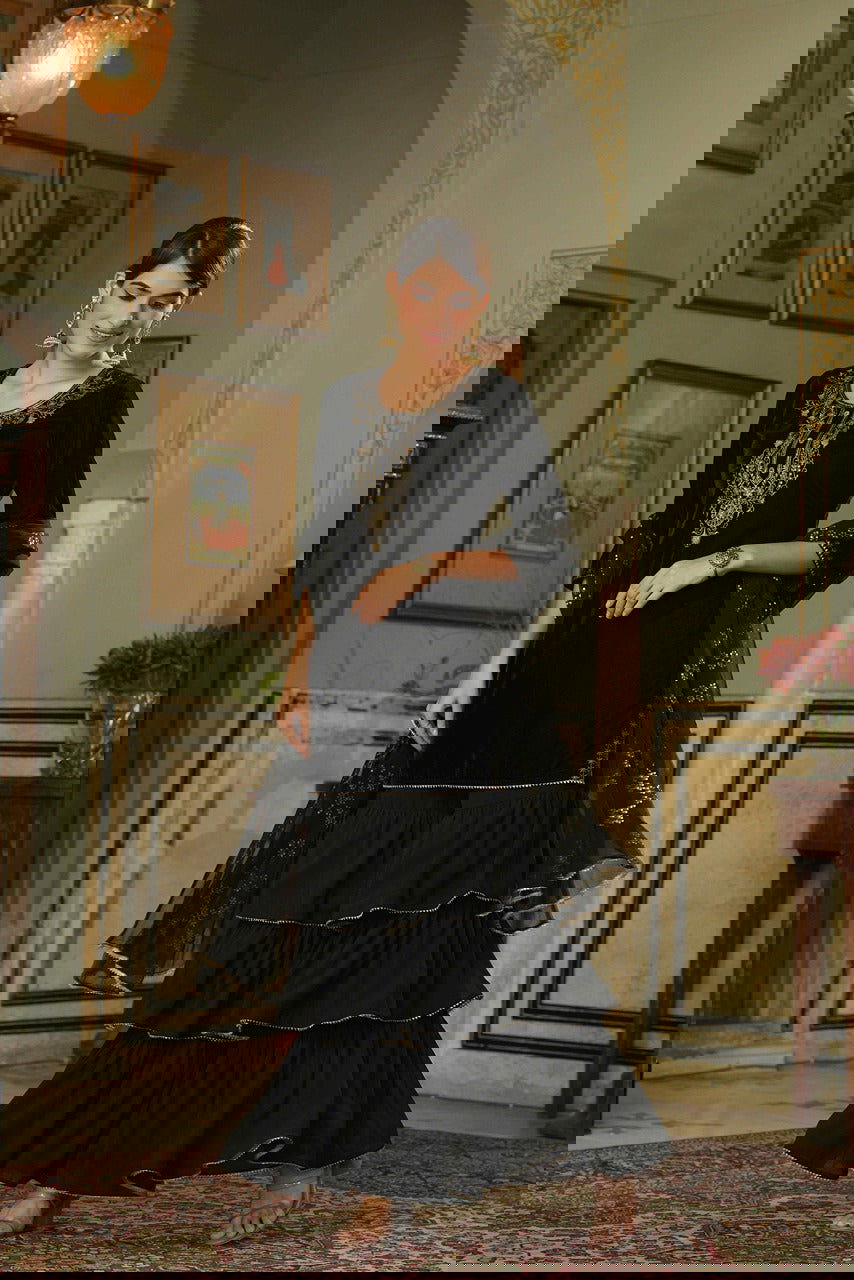 Juniper Black Velvet Festive Solid Straight Kurta Sharara Dupatta Set For Women