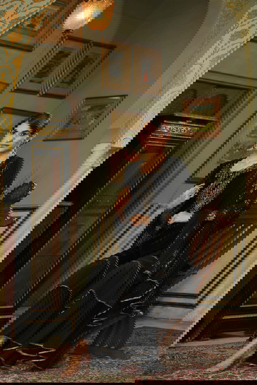 Juniper Black Velvet Festive Solid Straight Kurta Sharara Dupatta Set For Women