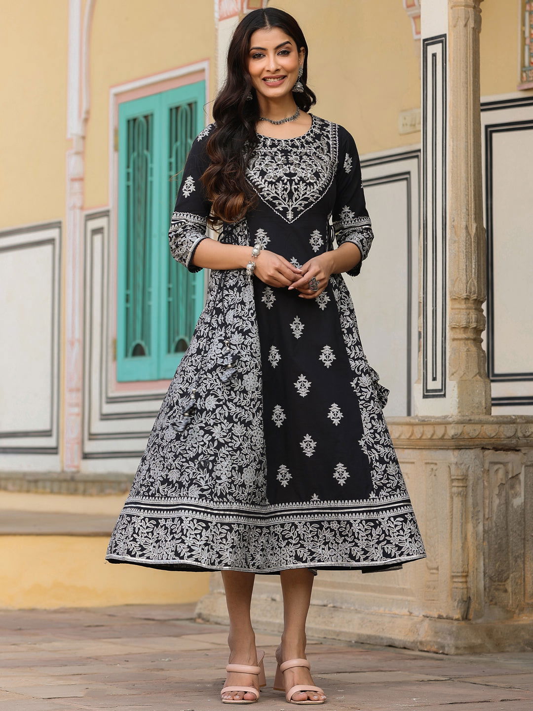 Juniper Black & White Ethnic Motif Printed Pure Cotton Flared Maxi Dress With Beads & Sequins