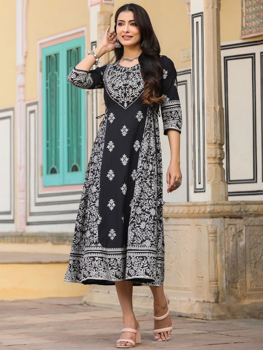 Juniper Black & White Ethnic Motif Printed Pure Cotton Flared Maxi Dress With Beads & Sequins