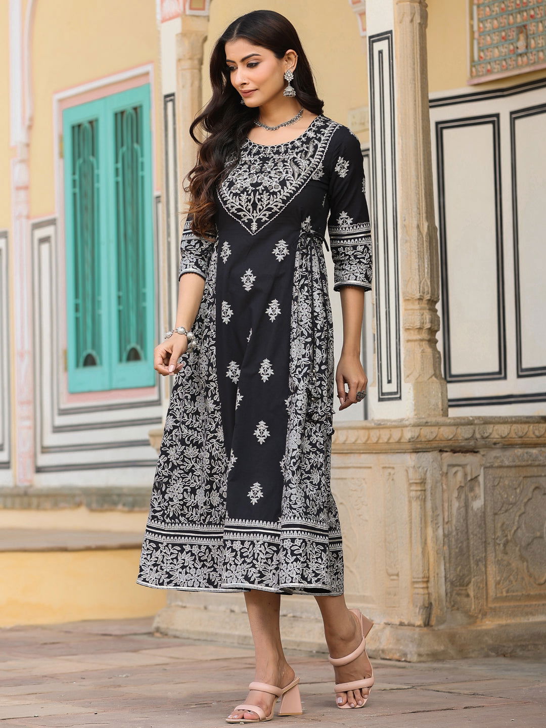 Juniper Black & White Ethnic Motif Printed Pure Cotton Flared Maxi Dress With Beads & Sequins