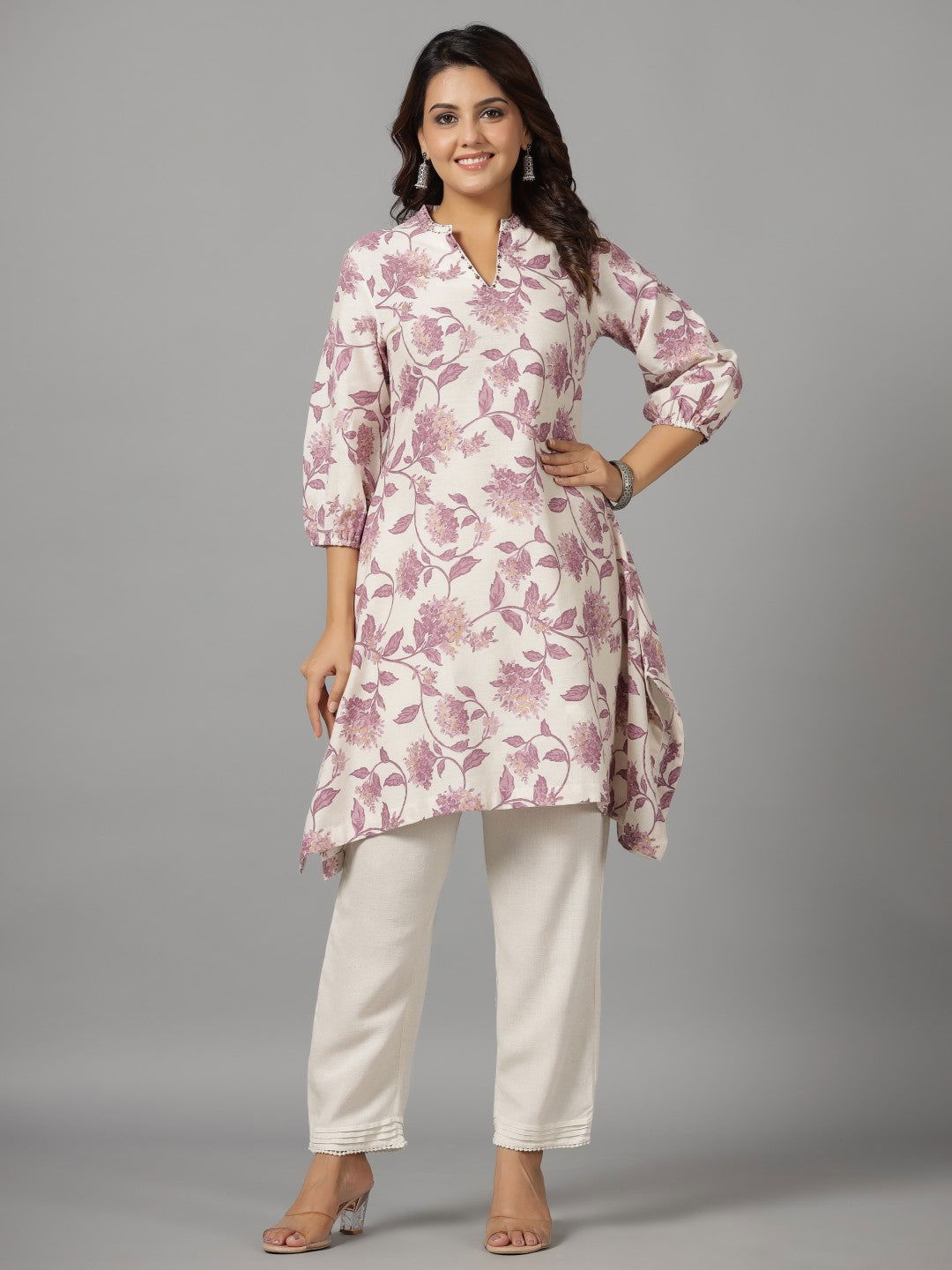 Juniper Blooms Lavender Floral Printed Cotton Flex Kurta With Beads & Sequins Work