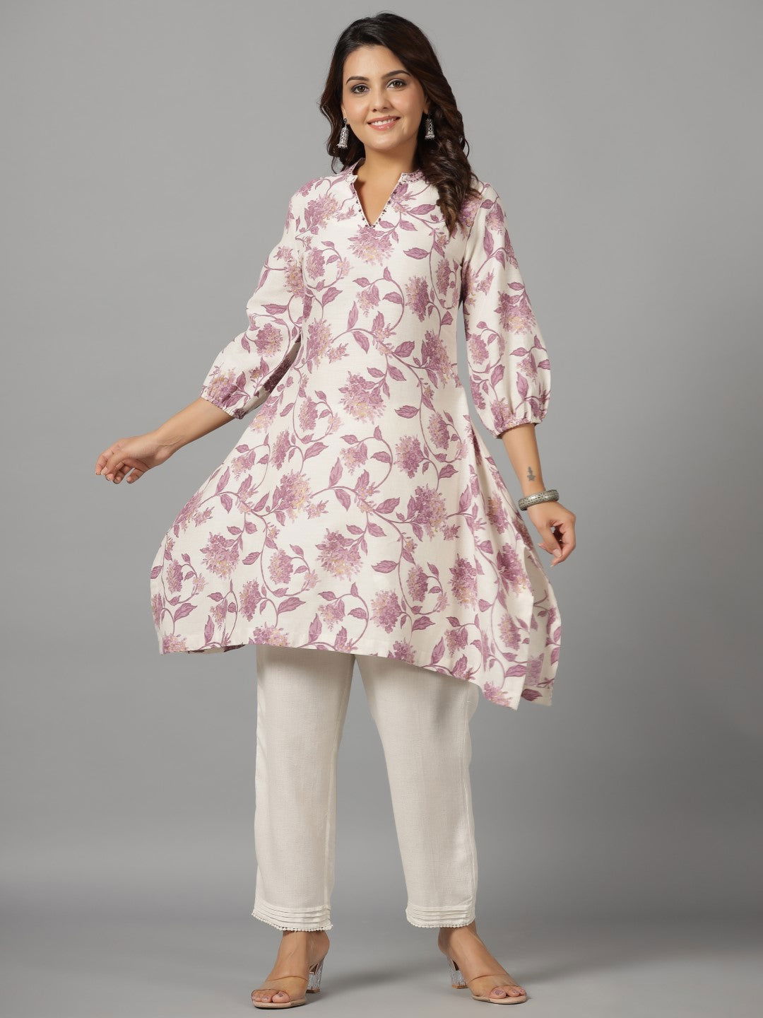 Juniper Blooms Lavender Floral Printed Cotton Flex Kurta With Beads & Sequins Work