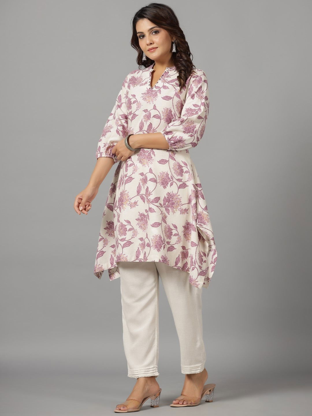 Juniper Blooms Lavender Floral Printed Cotton Flex Kurta With Beads & Sequins Work