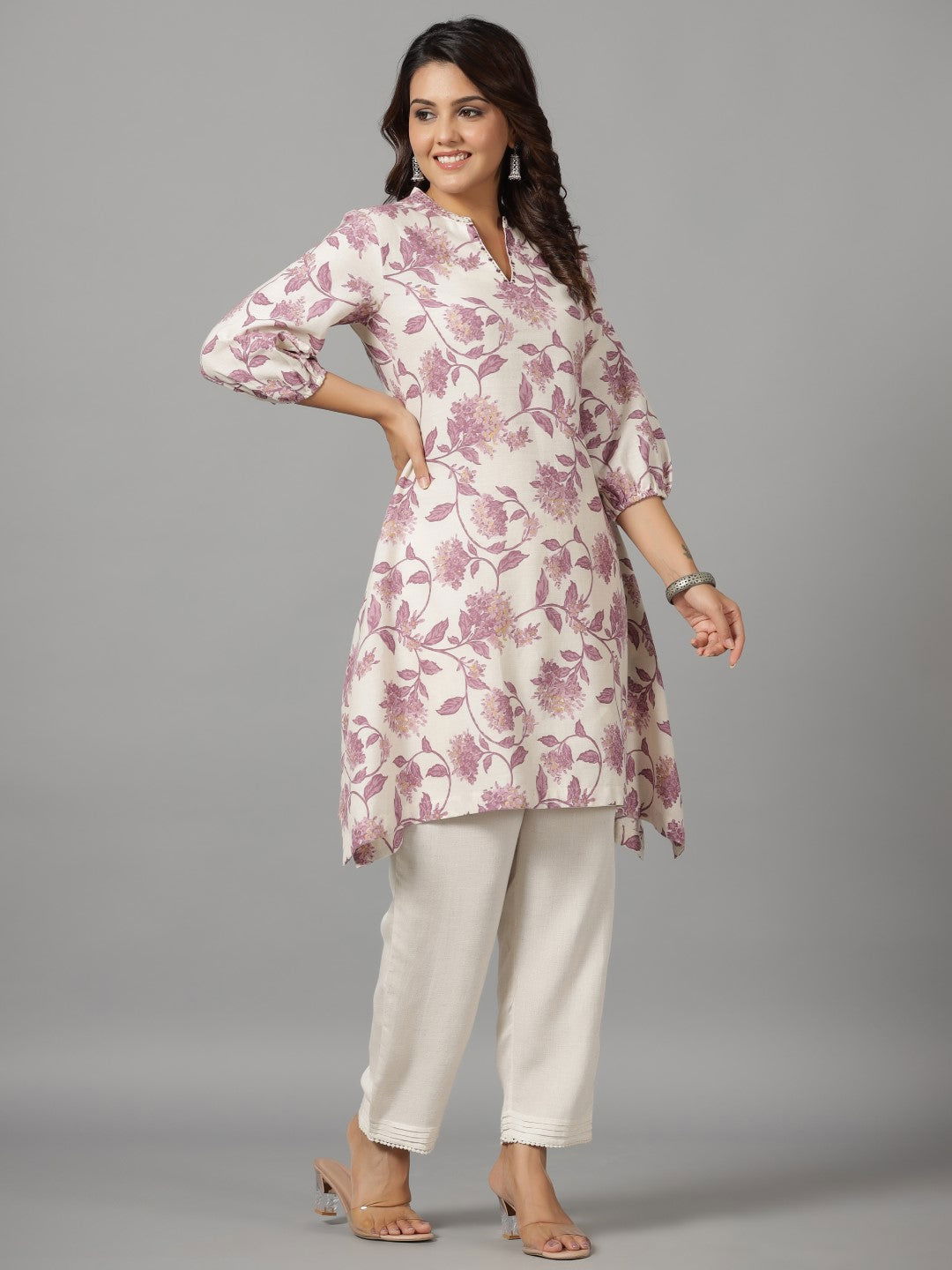 Juniper Blooms Lavender Floral Printed Cotton Flex Kurta With Beads & Sequins Work