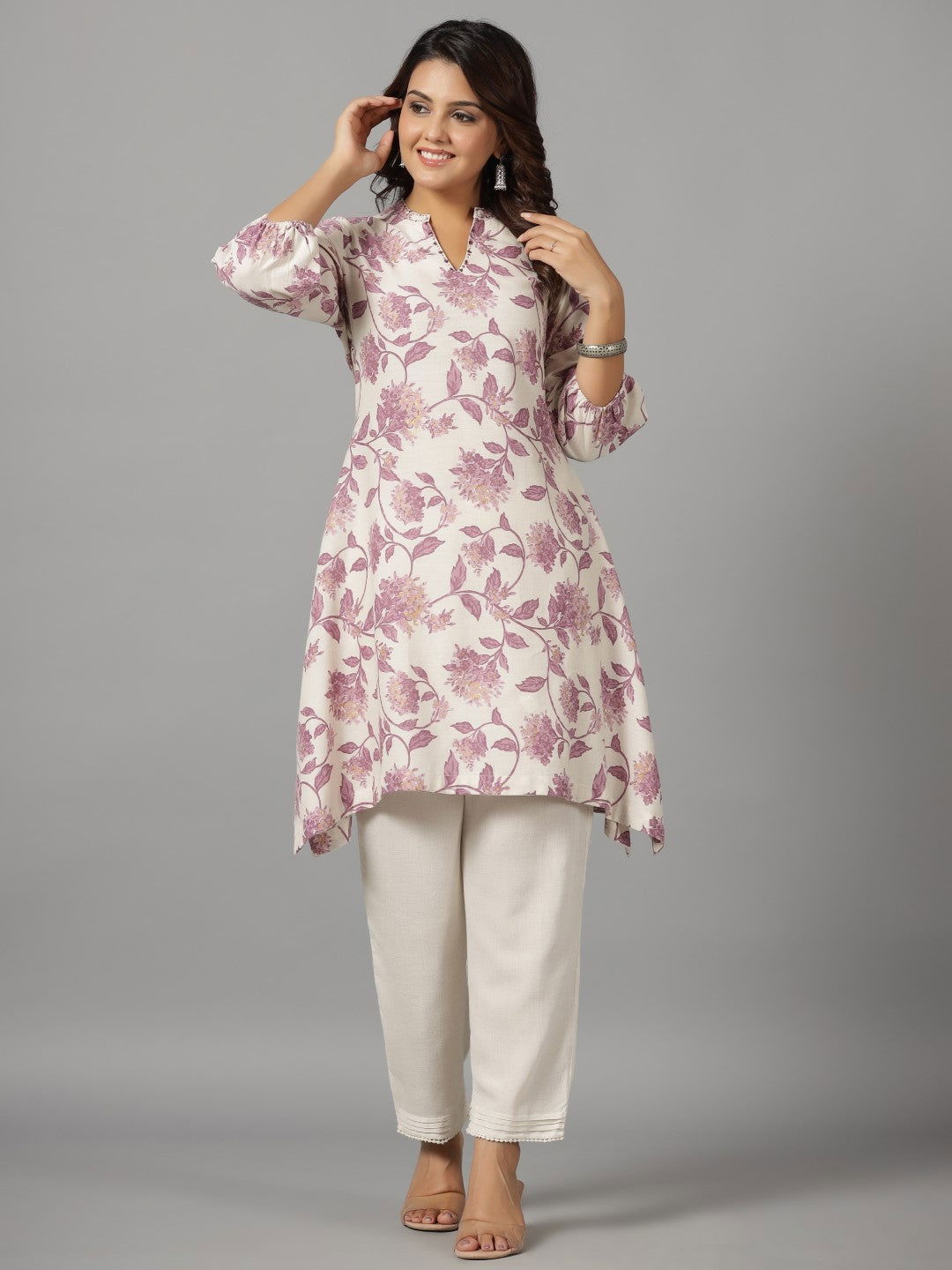 Juniper Blooms Lavender Floral Printed Cotton Flex Kurta With Beads & Sequins Work