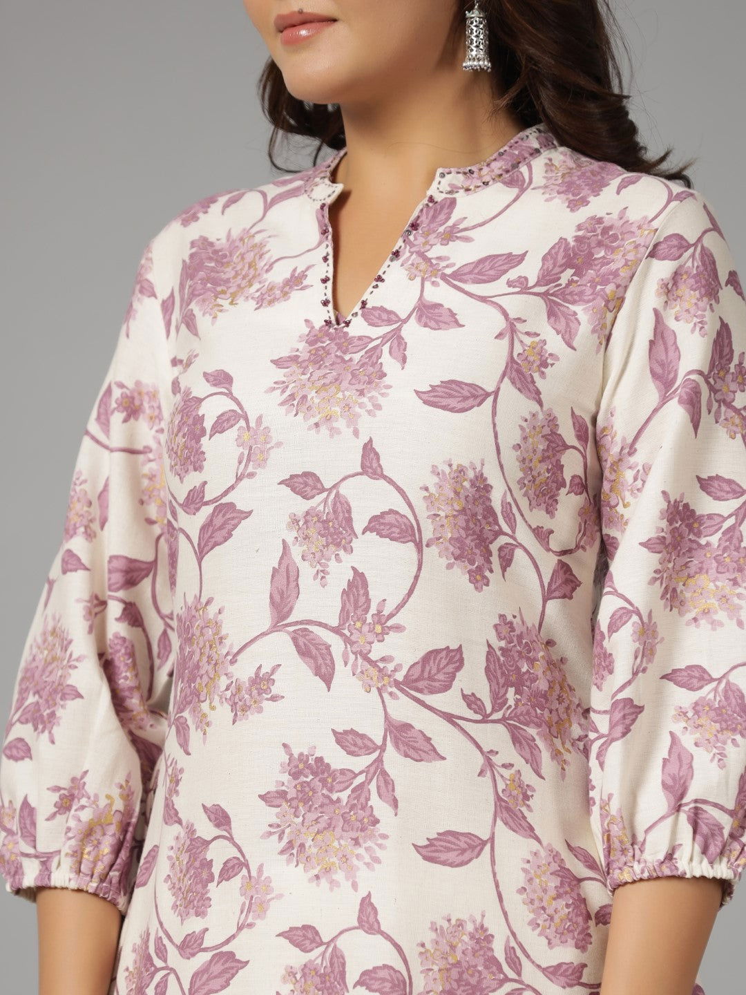 Juniper Blooms Lavender Floral Printed Cotton Flex Kurta With Beads & Sequins Work
