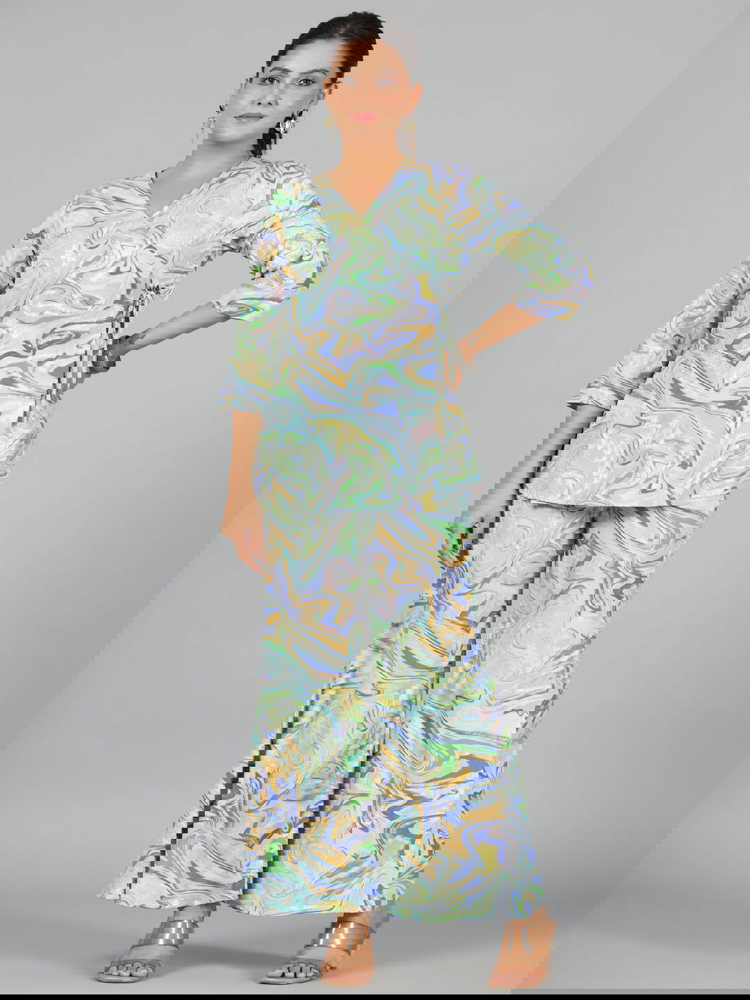 Juniper Blue Abstract Printed Kasturi Silk Tunic With Pants