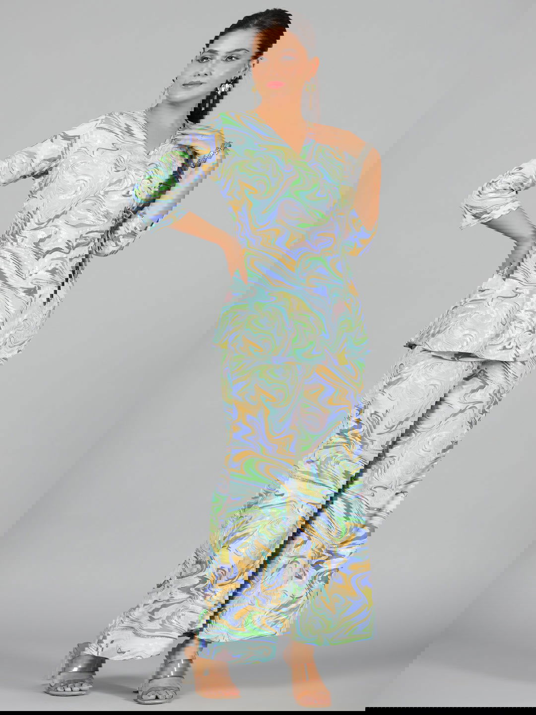 Juniper Blue Abstract Printed Kasturi Silk Tunic With Pants