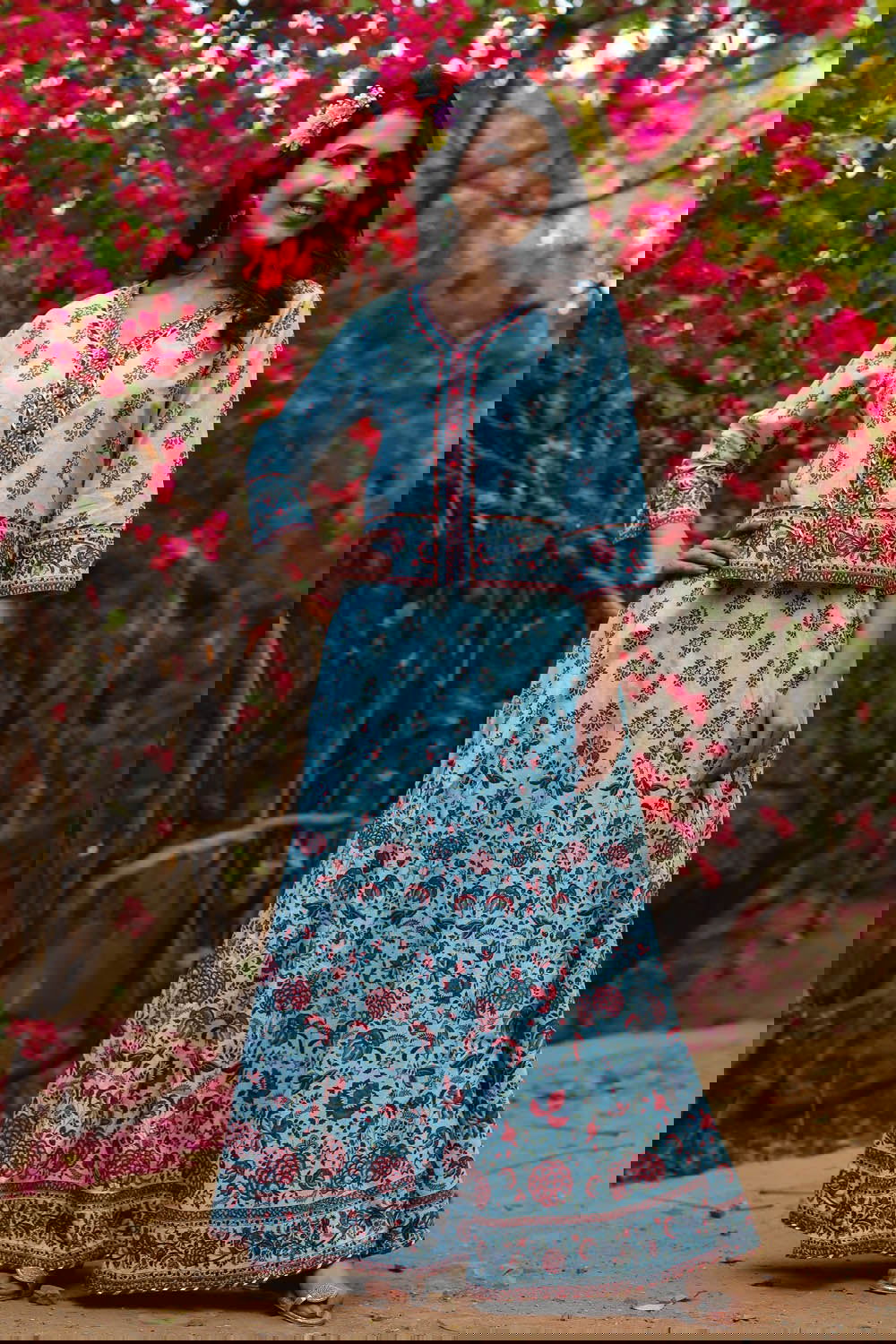 Juniper Blue Cambric Floral Print Top Skirt Set With Rubber-Band