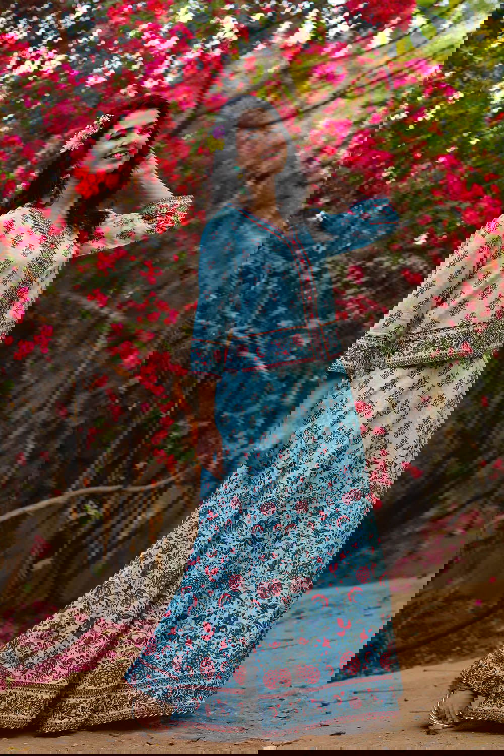 Juniper Blue Cambric Floral Print Top Skirt Set With Rubber-Band