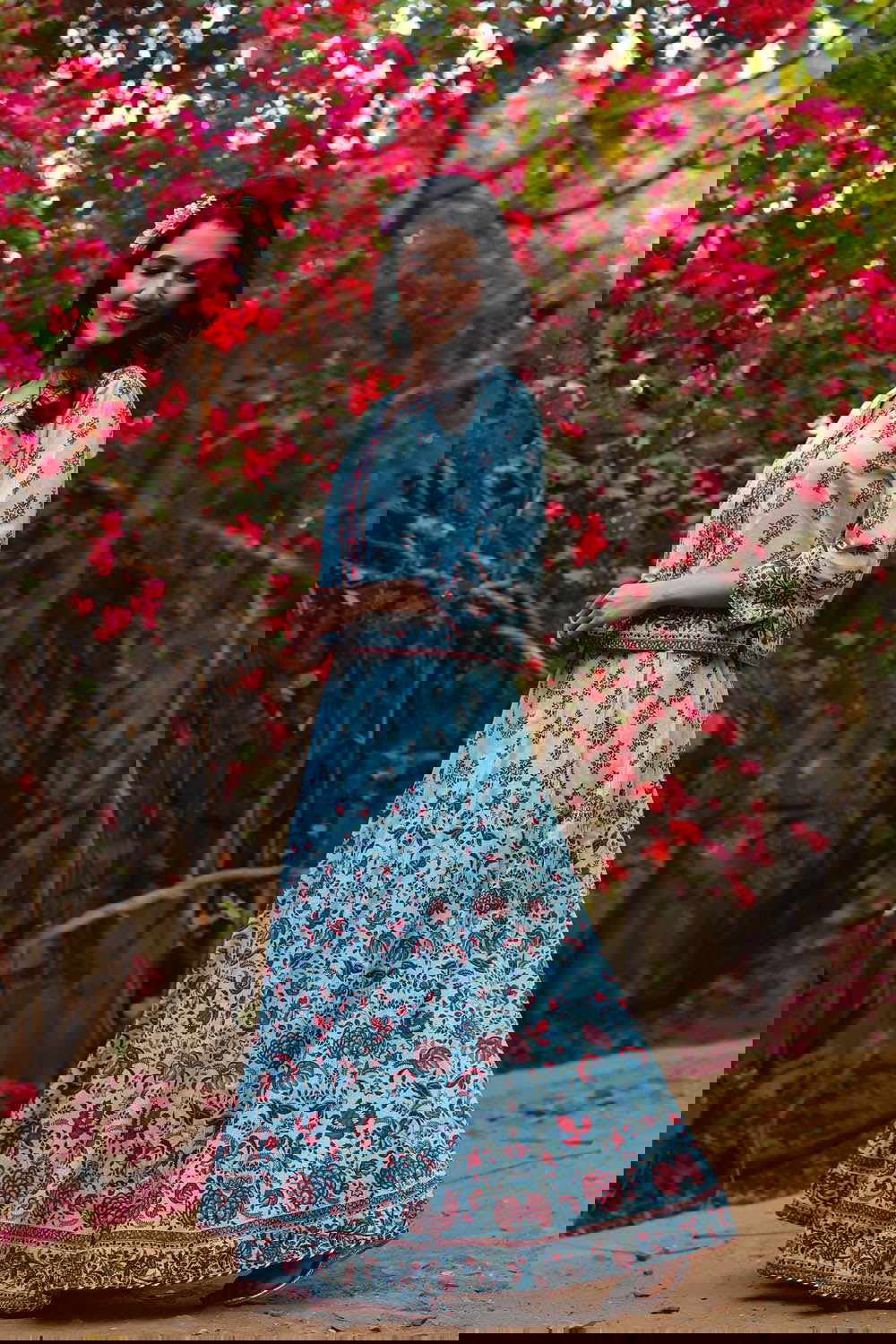 Juniper Blue Cambric Floral Print Top Skirt Set With Rubber-Band