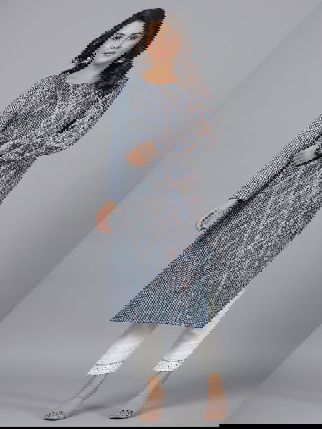 Juniper Blue Checked Printed Polyester Kurta With Sequins Work