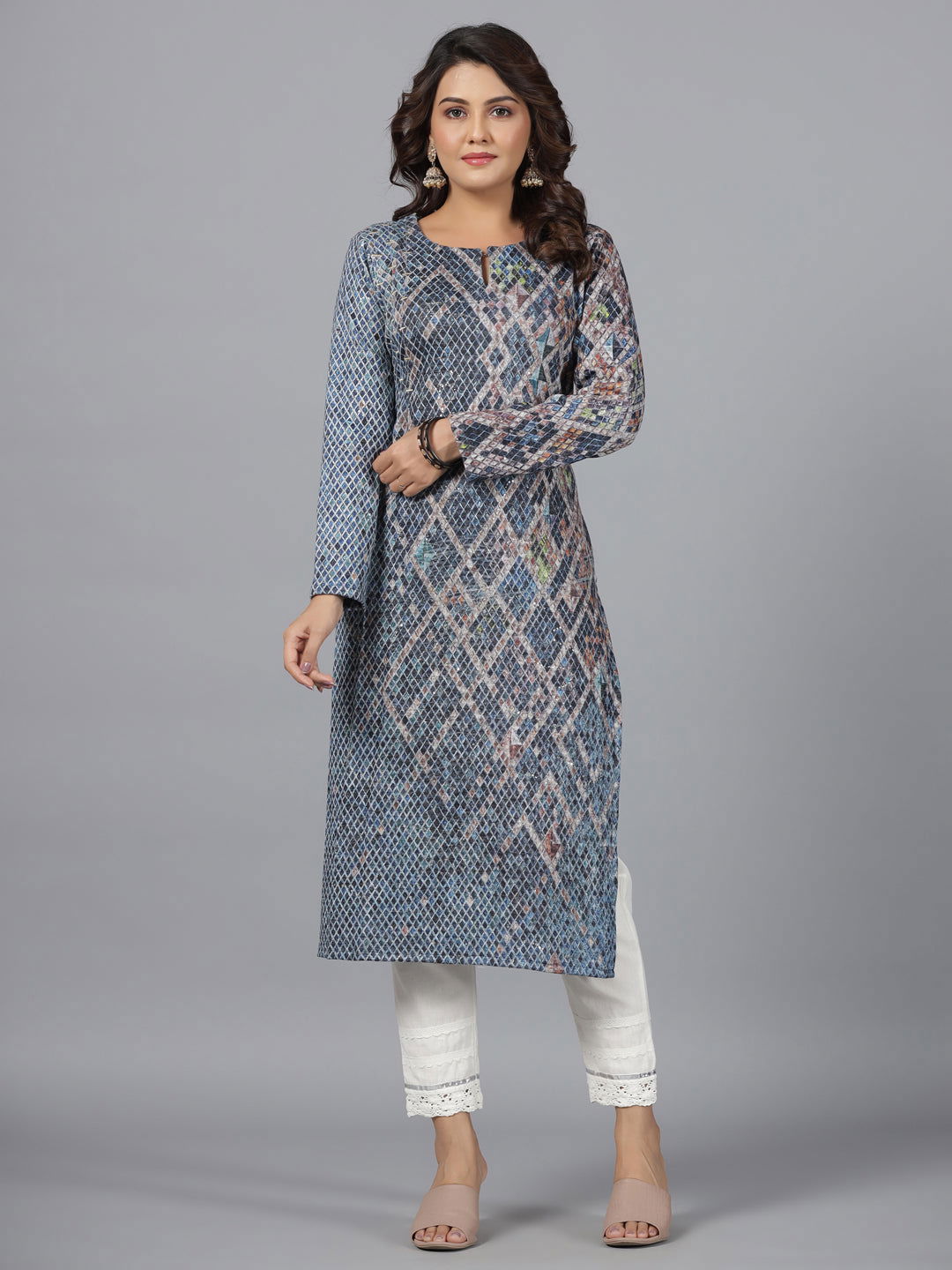 Juniper Blue Checked Printed Polyester Kurta With Sequins Work
