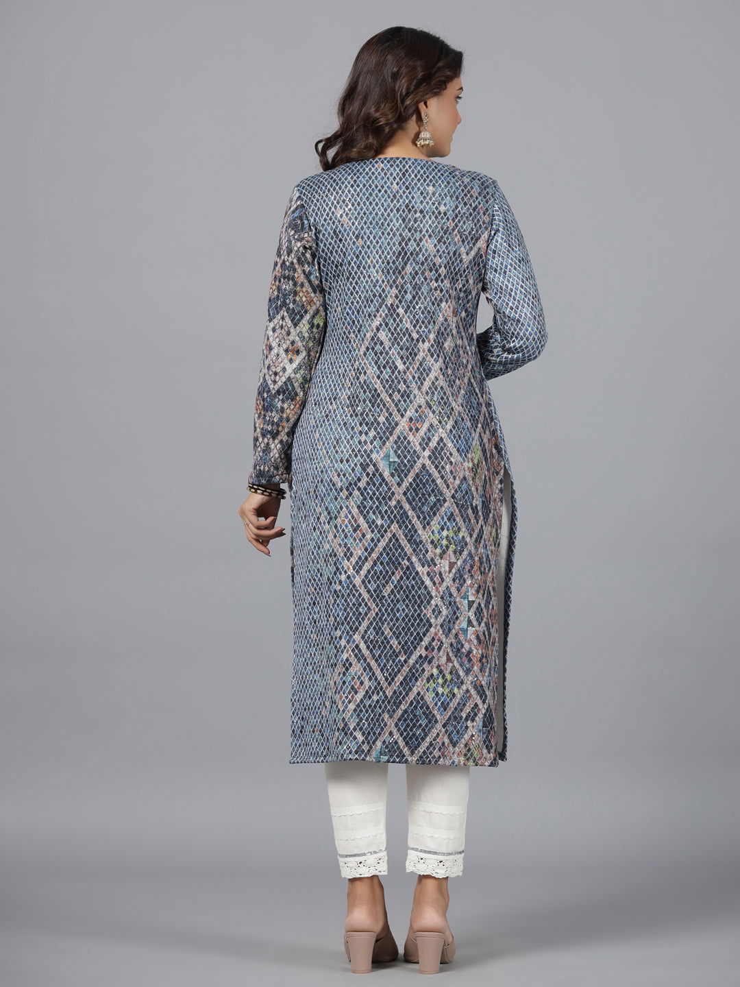 Juniper Blue Checked Printed Polyester Kurta With Sequins Work
