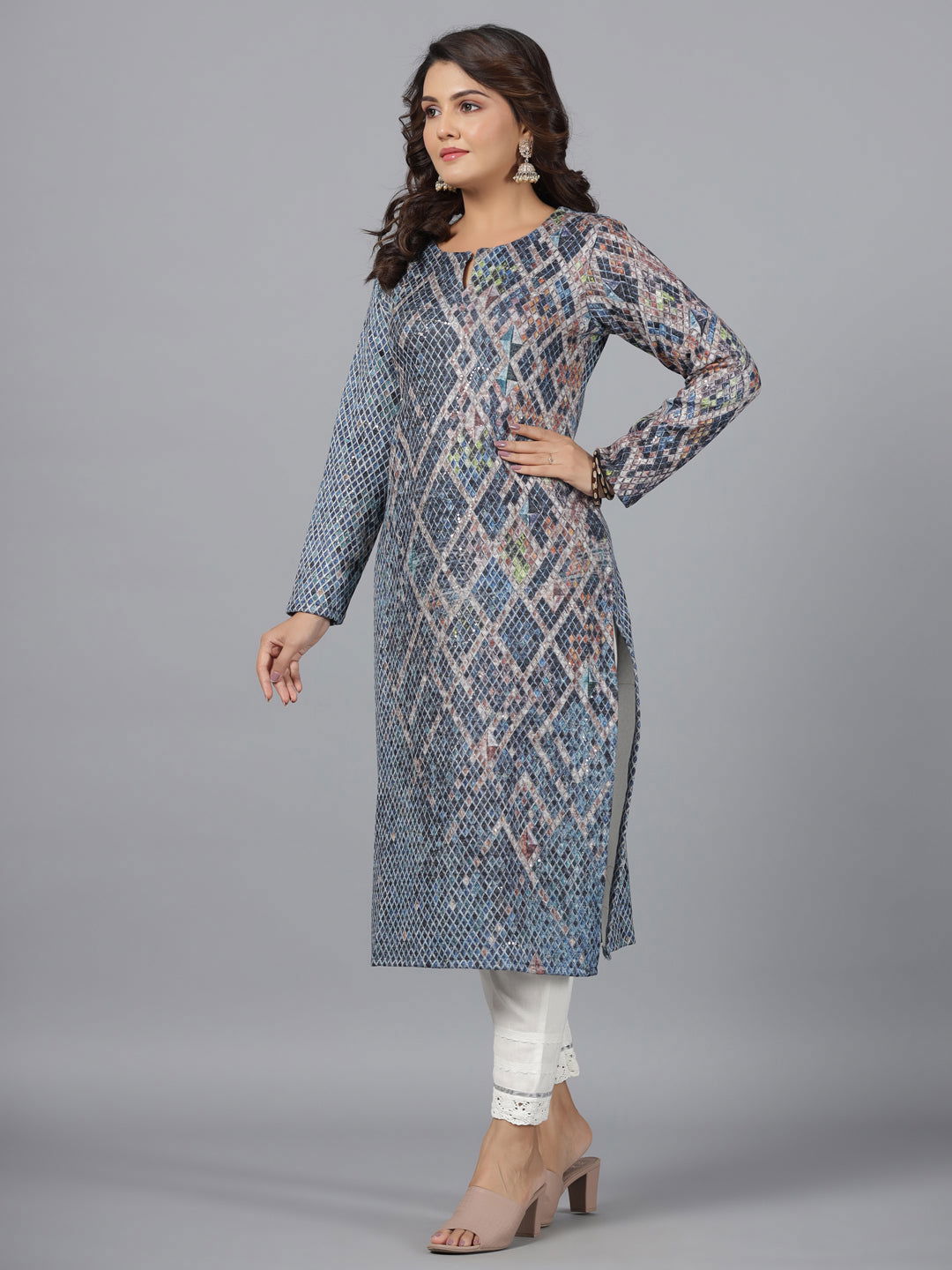 Juniper Blue Checked Printed Polyester Kurta With Sequins Work