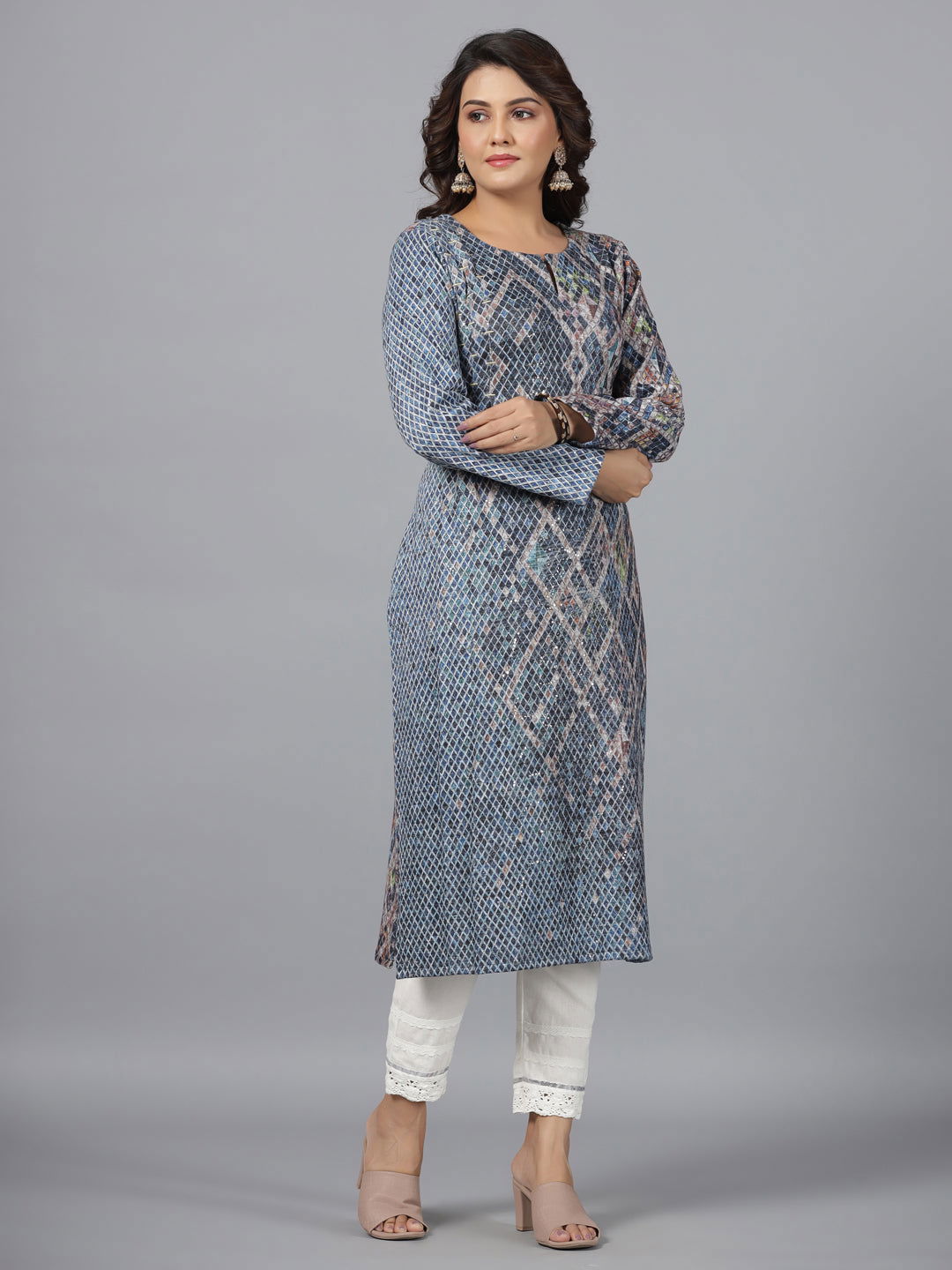 Juniper Blue Checked Printed Polyester Kurta With Sequins Work