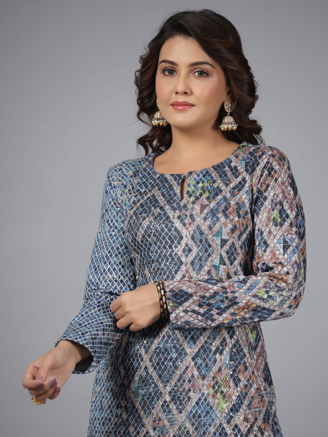 Juniper Blue Checked Printed Polyester Kurta With Sequins Work