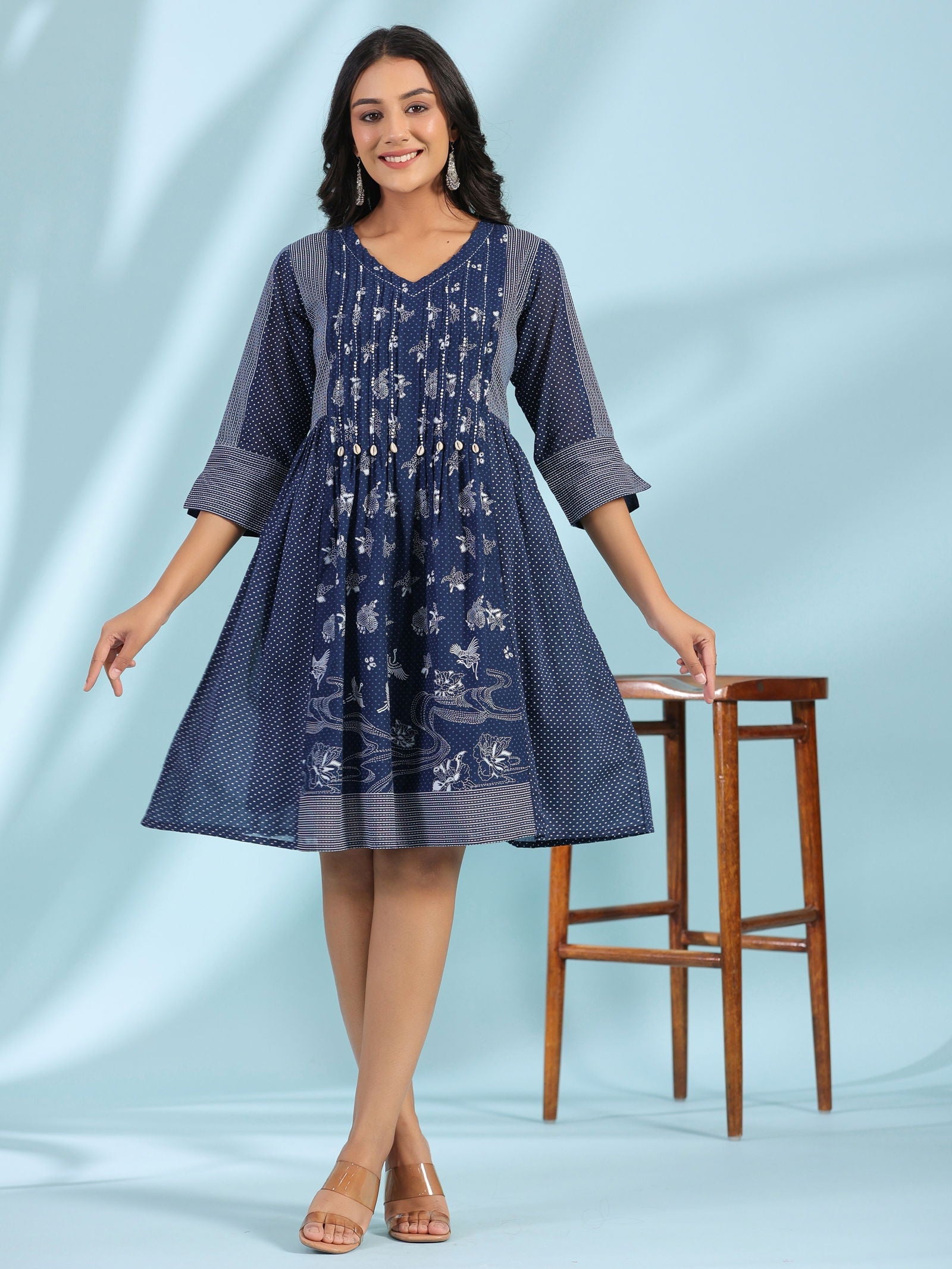 Juniper Blue Cotton Ethnic Motif Printed A-Line Dress With Pintucks At Front & Beadwork