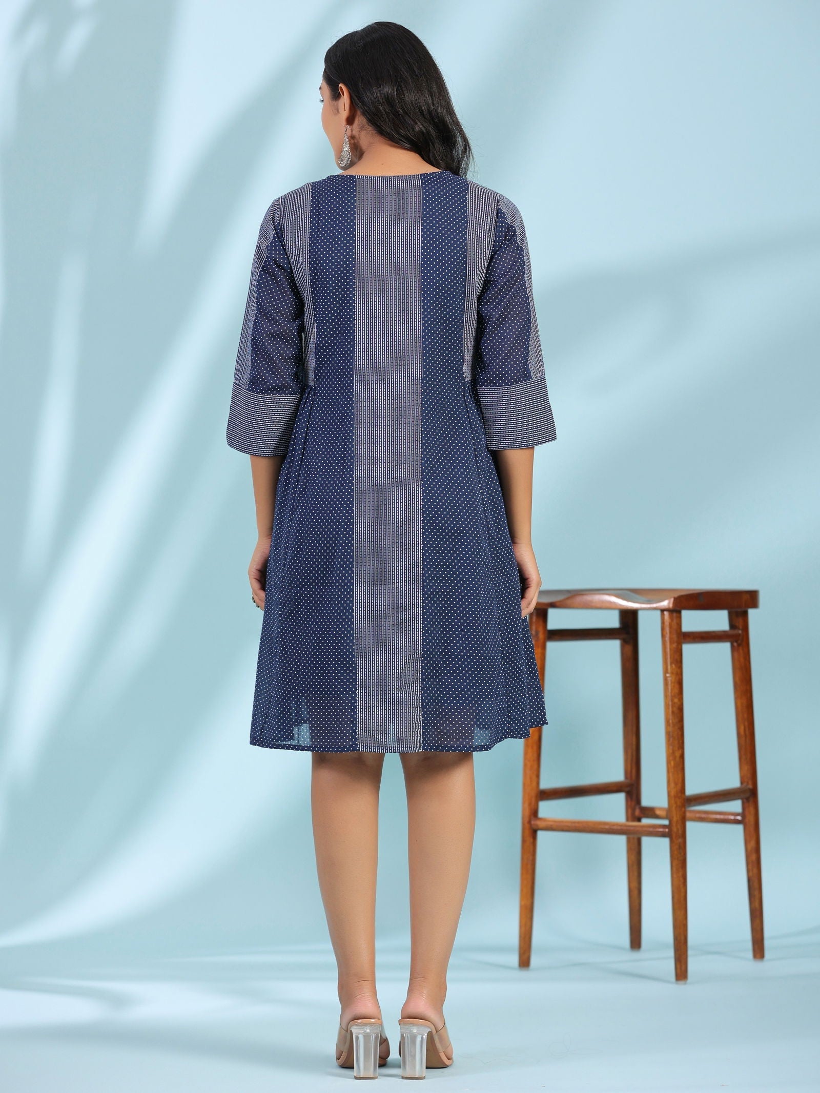 Juniper Blue Cotton Ethnic Motif Printed A-Line Dress With Pintucks At Front & Beadwork
